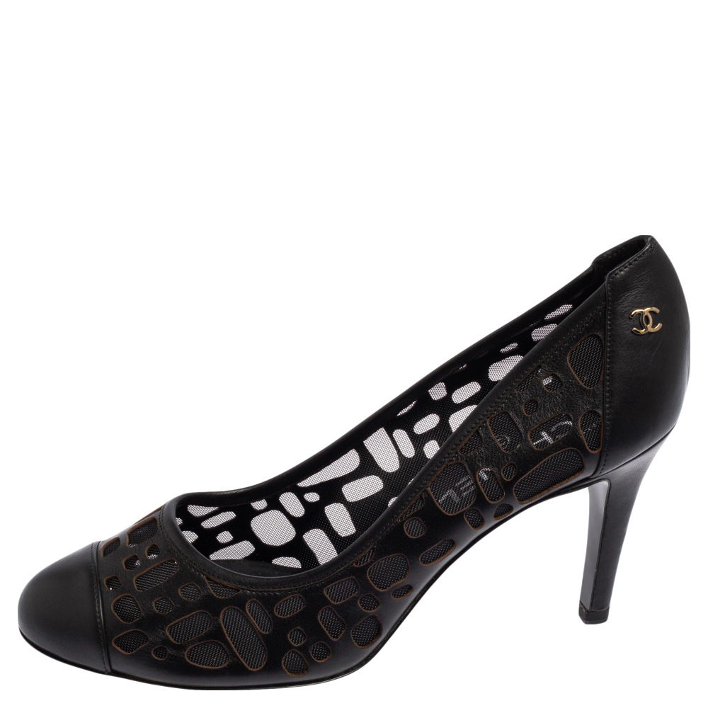 

Chanel Black Laser Cut Leather CC Cap Toe Pumps Size
