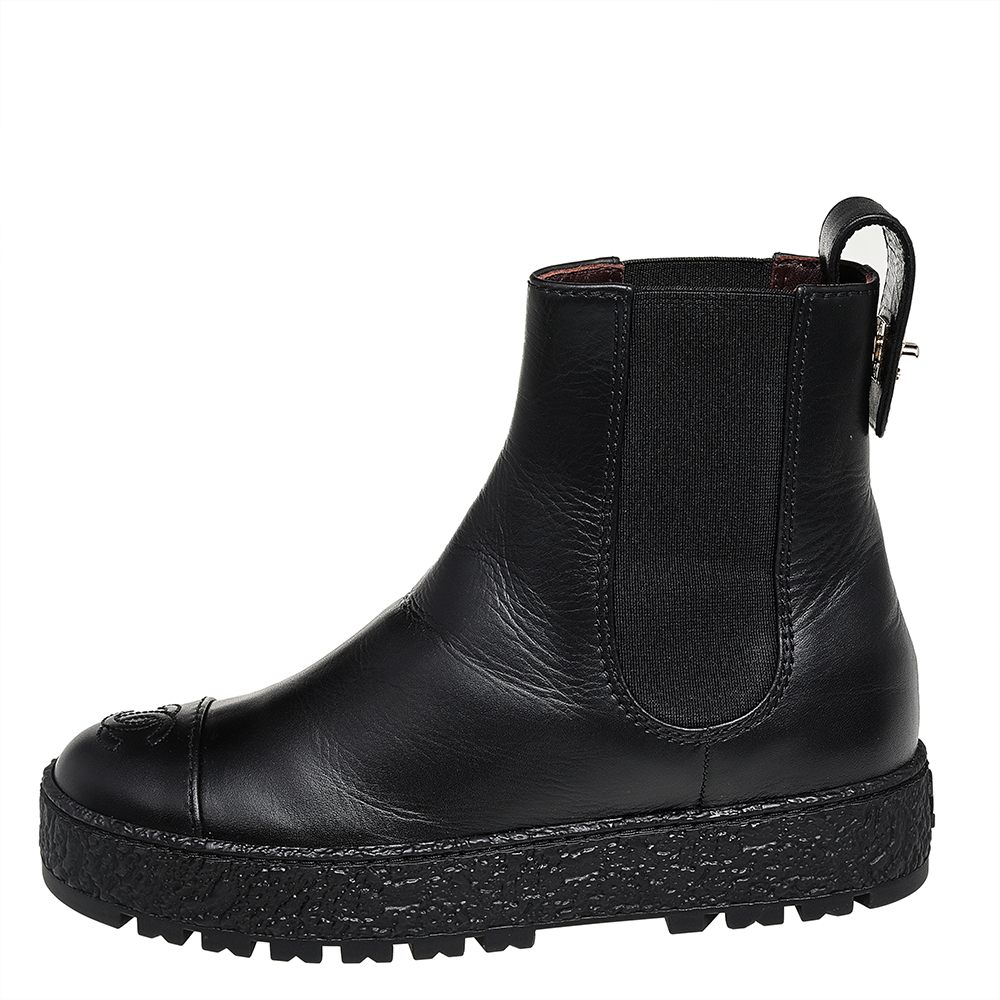 

Chanel Black Leather CC Cap Toe Ankle Boots Size