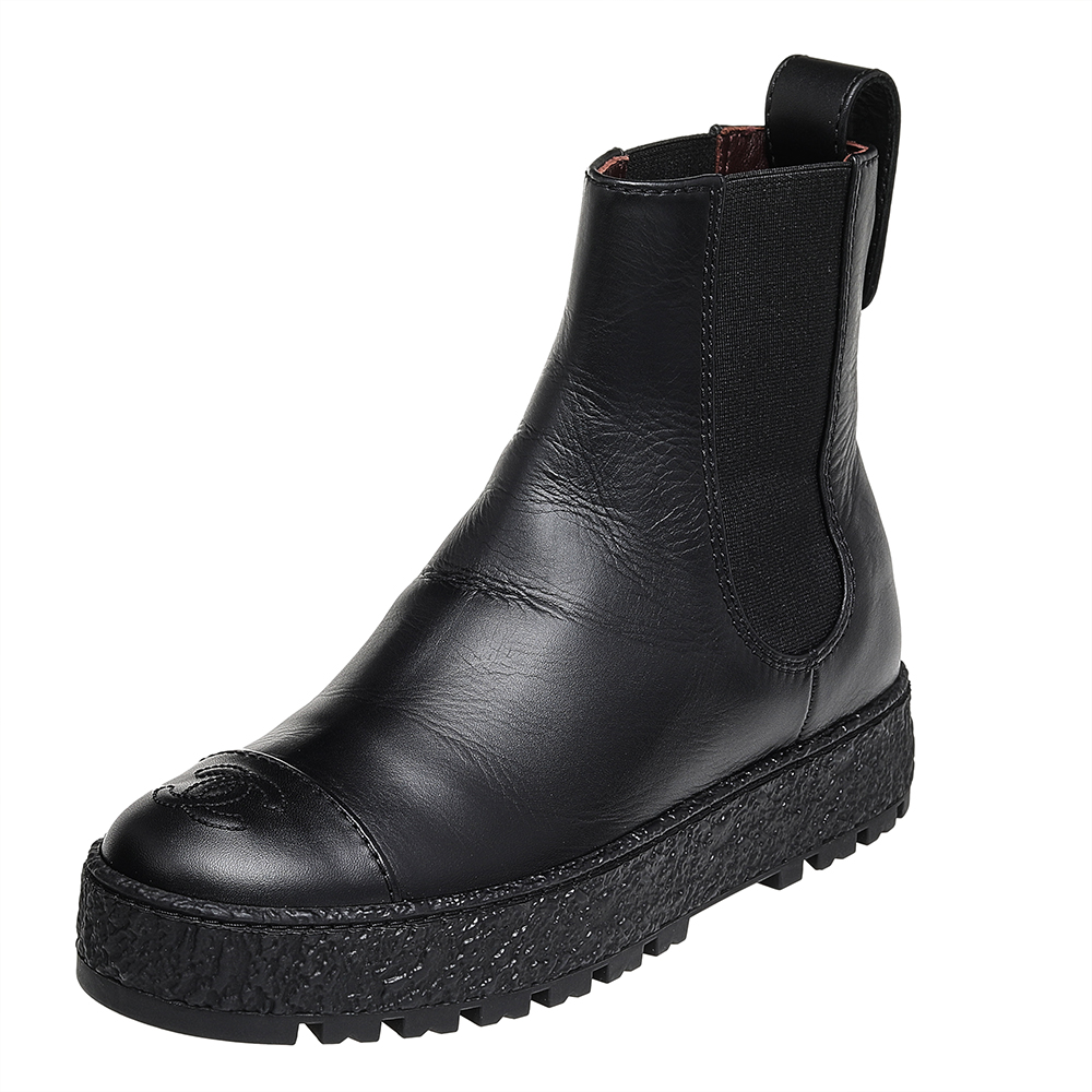 Black Leather Cc Cap Toe Ankle Boots Size 35 ModeSens