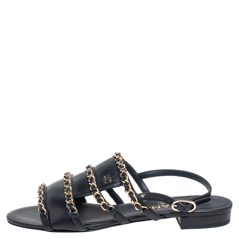 

Chanel Black Leather Chain CC Flat Sandals Size