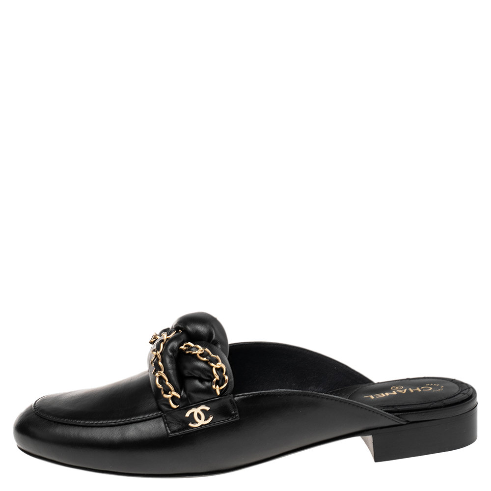 

Chanel Black Leather Braided Chain Mules Size