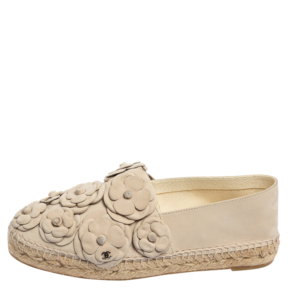 

Chanel Light Beige Nubuck Leather Camellia Espadrille Flats Size