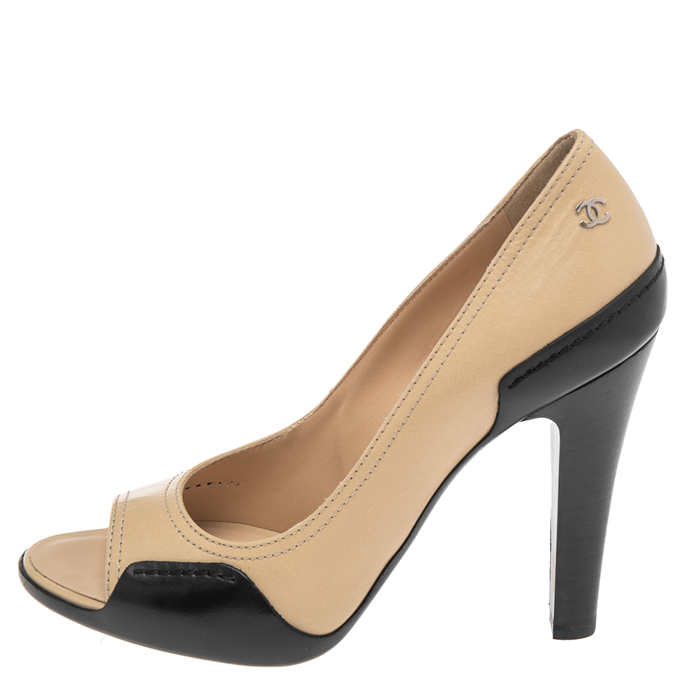 

Chanel Two Tone Leather Open Toe CC Pumps Size, Beige