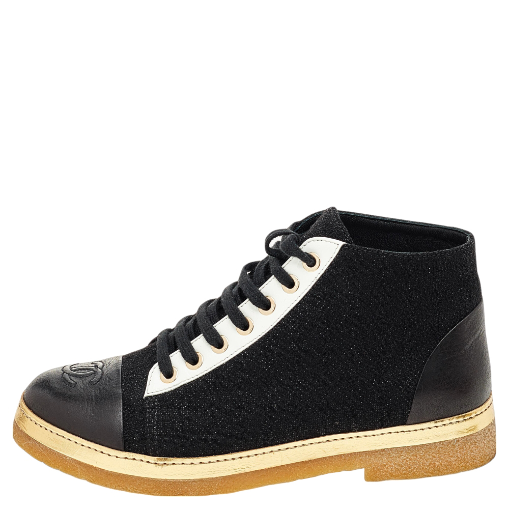 

Chanel Black Tweed And Leather CC Cap Toe High Top Sneakers Size