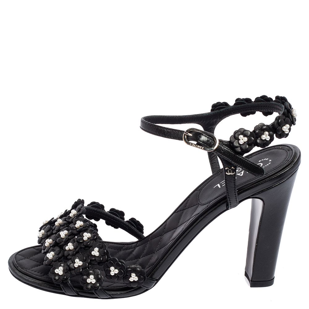 

Chanel Black Leather Camellia Applique Ankle Strap Sandals Size 38