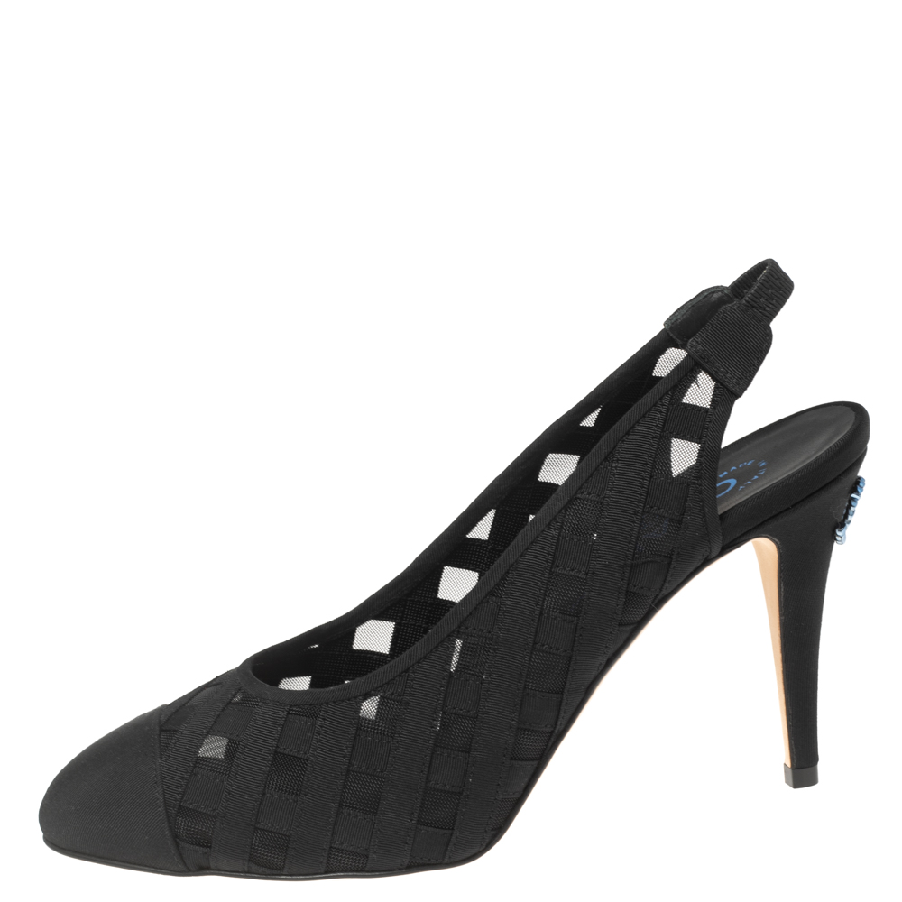 

Chanel Black Mesh and Fabric Cap Toe Slingback Pumps Size