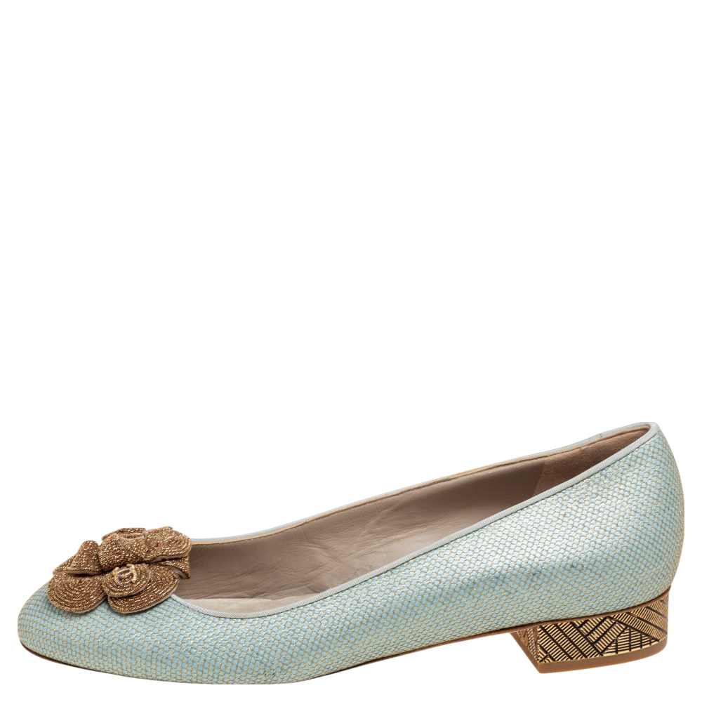 

Chanel Green Canvas And Leather Camellia Flats Size