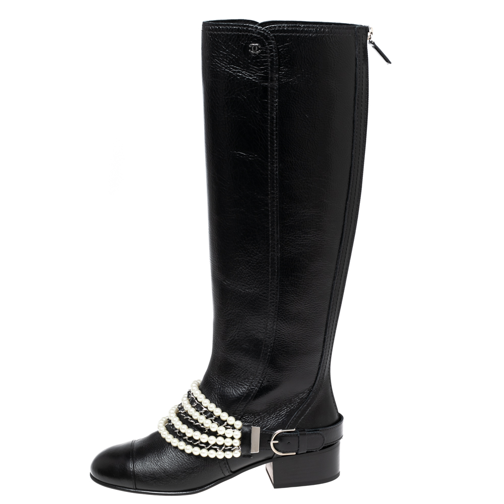 

Chanel Black Leather Pearl Embellished Knee Length Boots Size