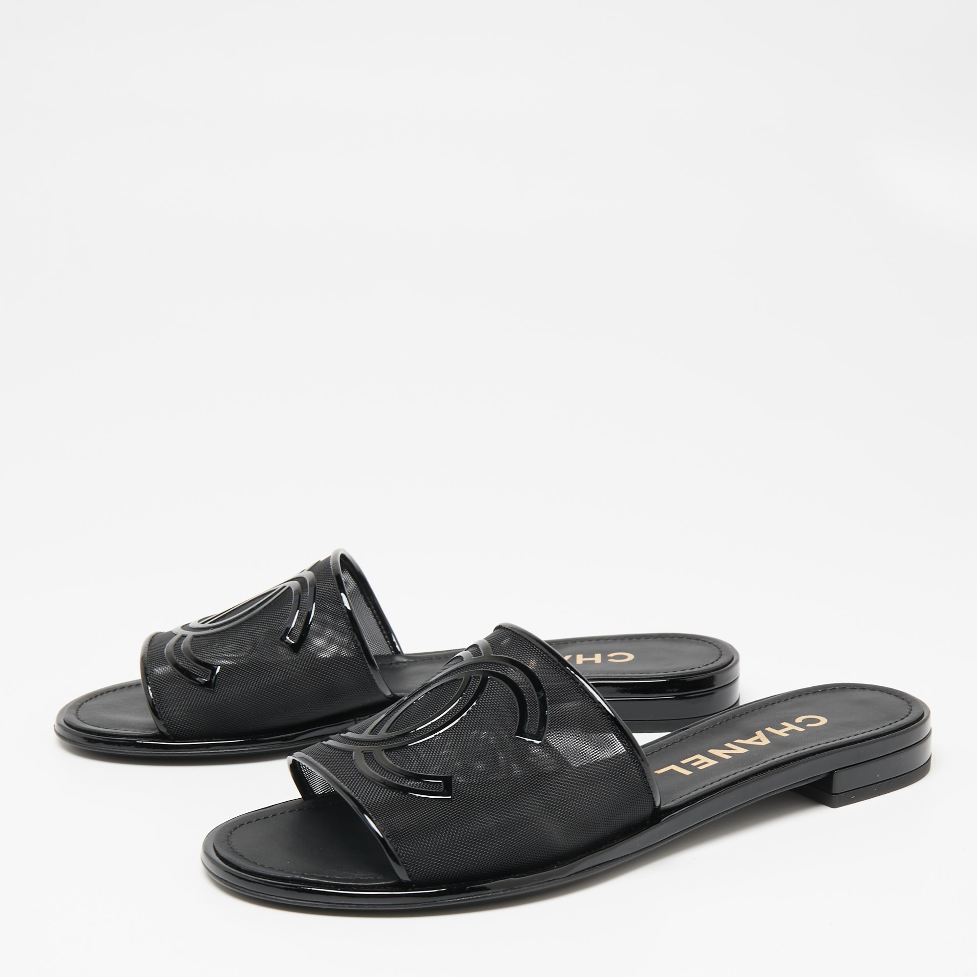 

Chanel Black Mesh and Patent Leather CC Logo Flat Slides Size