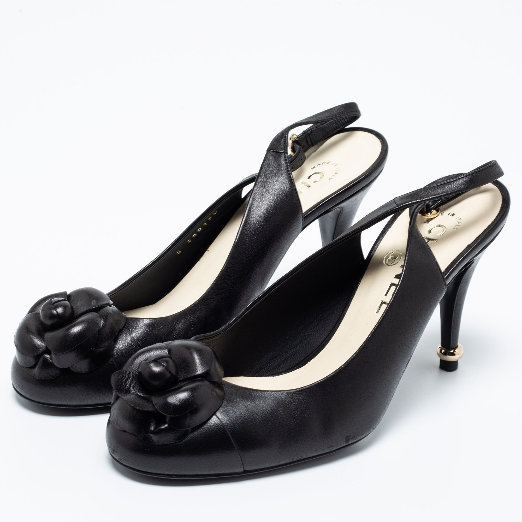 

Chanel Black Leather Camellia Slingback Sandals Size