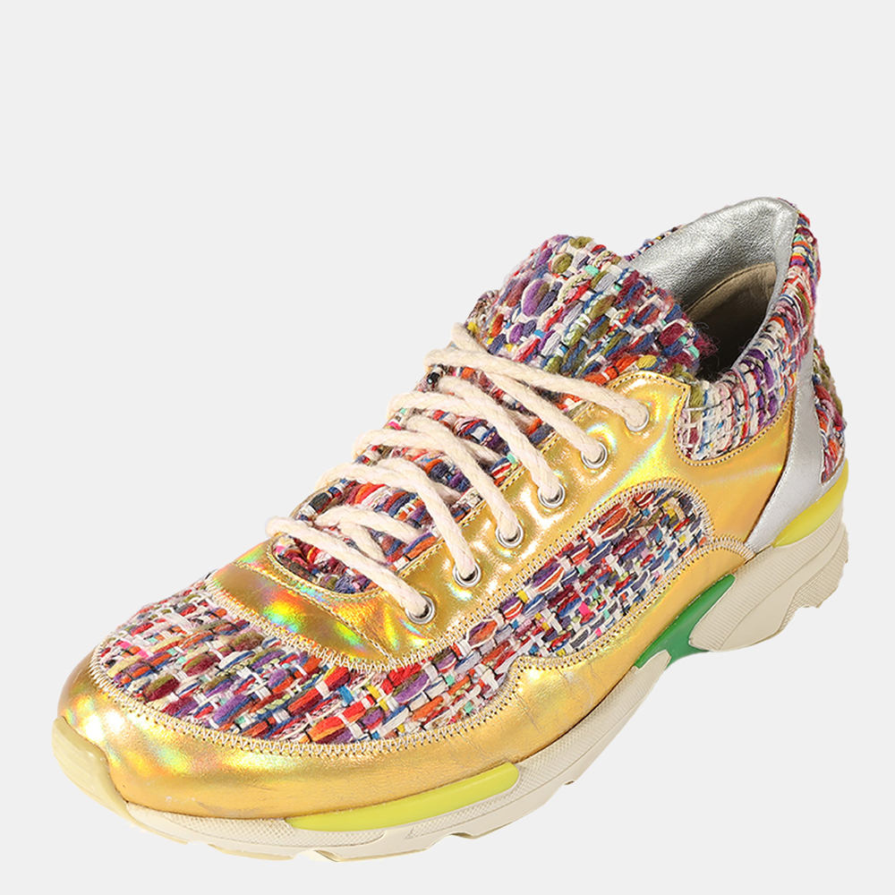 

Chanel Multicolor Tweed Fabric And Holographic Leather CC Lace Up Sneakers EU