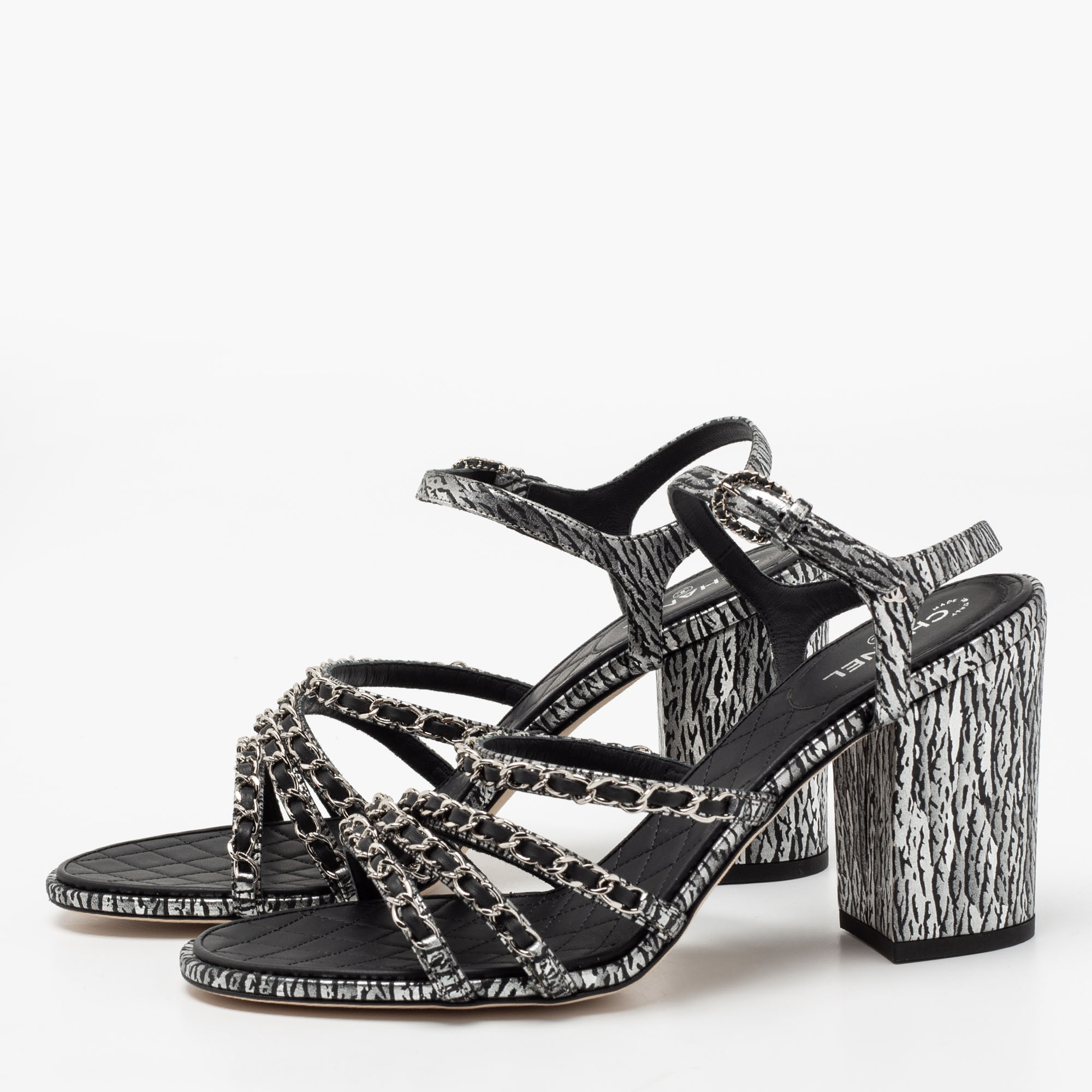 

Chanel Black/Silver Leather Chain Embellished Ankle Strap Sandals Size