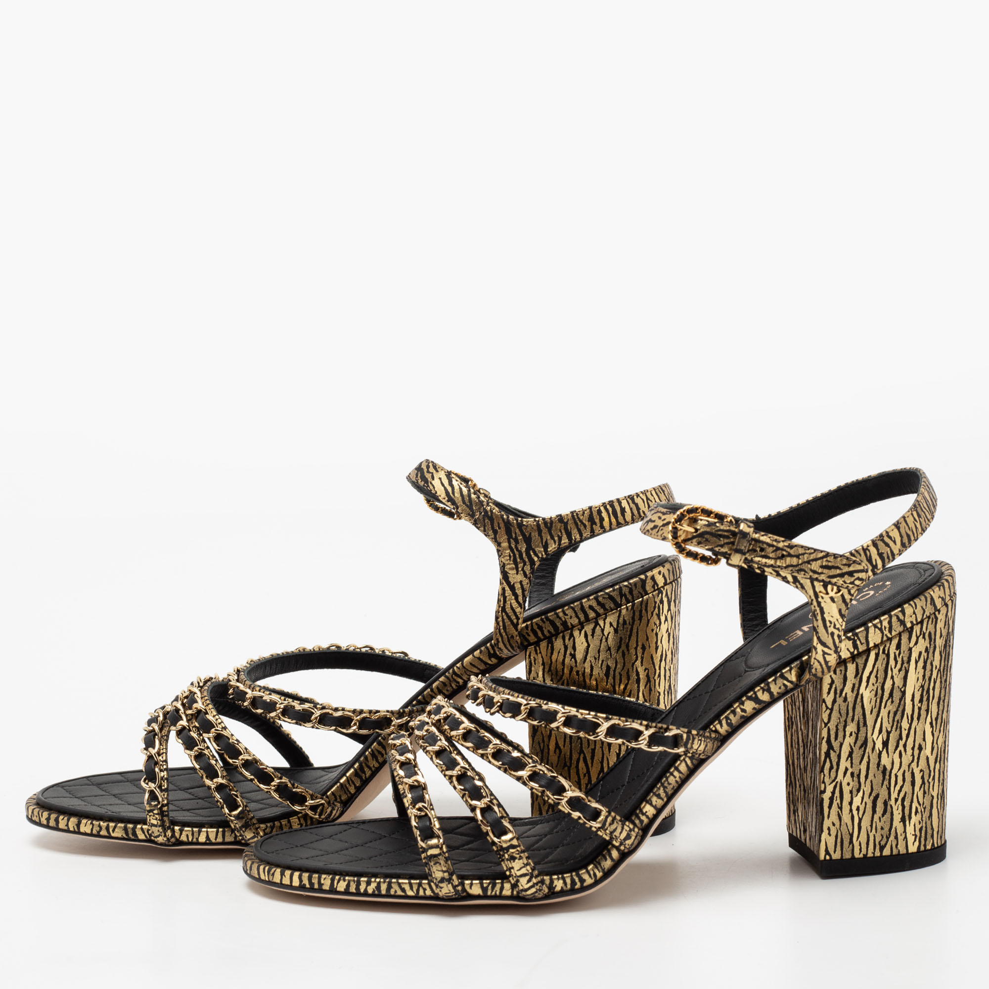 

Chanel Black Leather Chain Strappy Ankle Strap Sandals Size