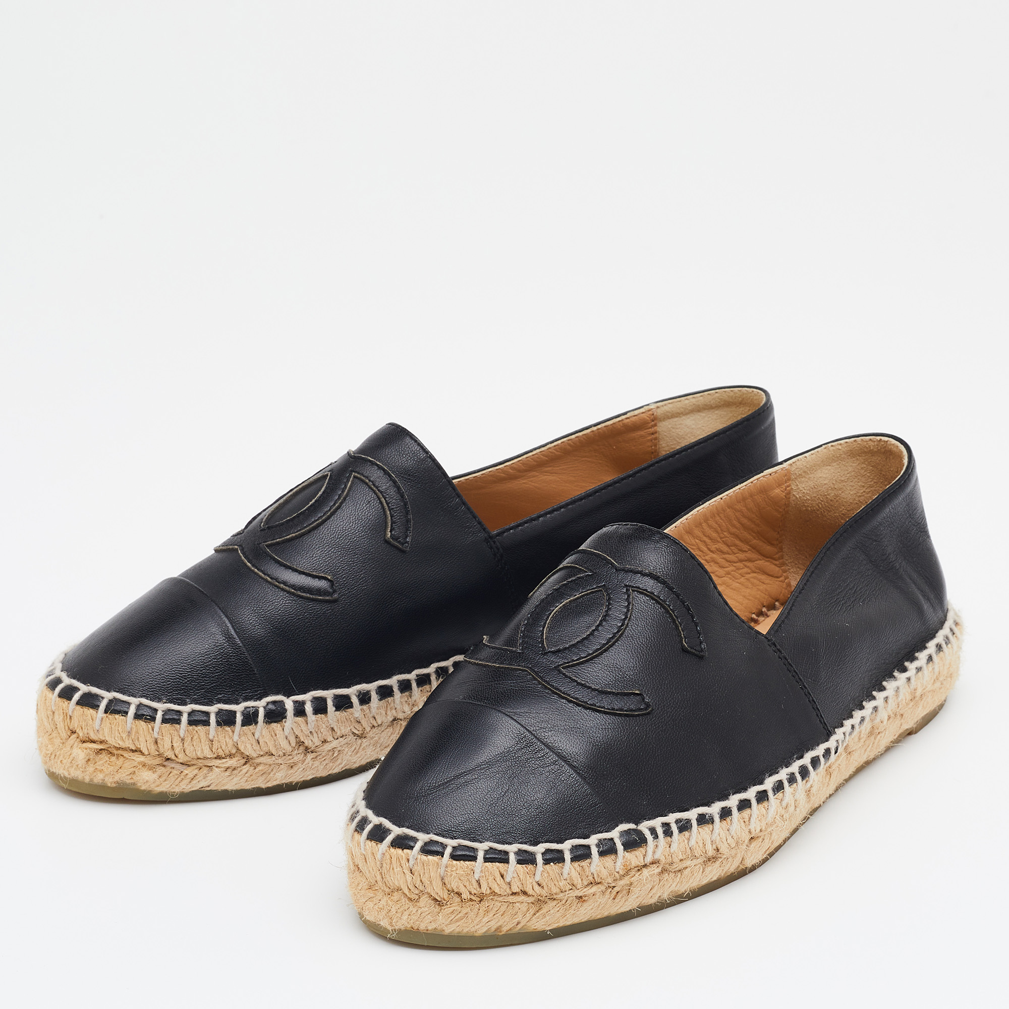 

Chanel Black Leather CC Cap Toe Espadrille Flats Size
