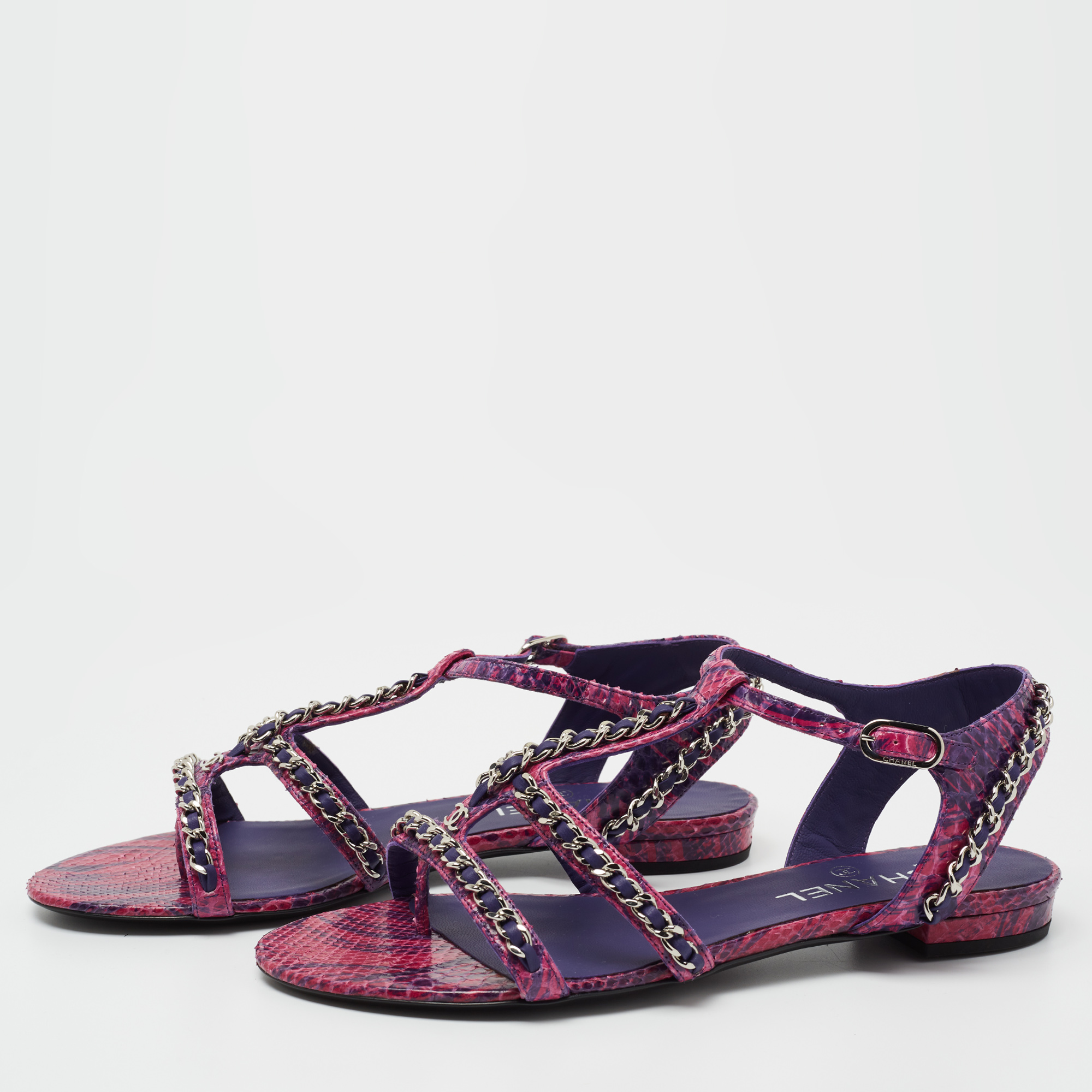 

Chanel Purple/Pink Python Chain Detail Strappy Flat Sandals Size