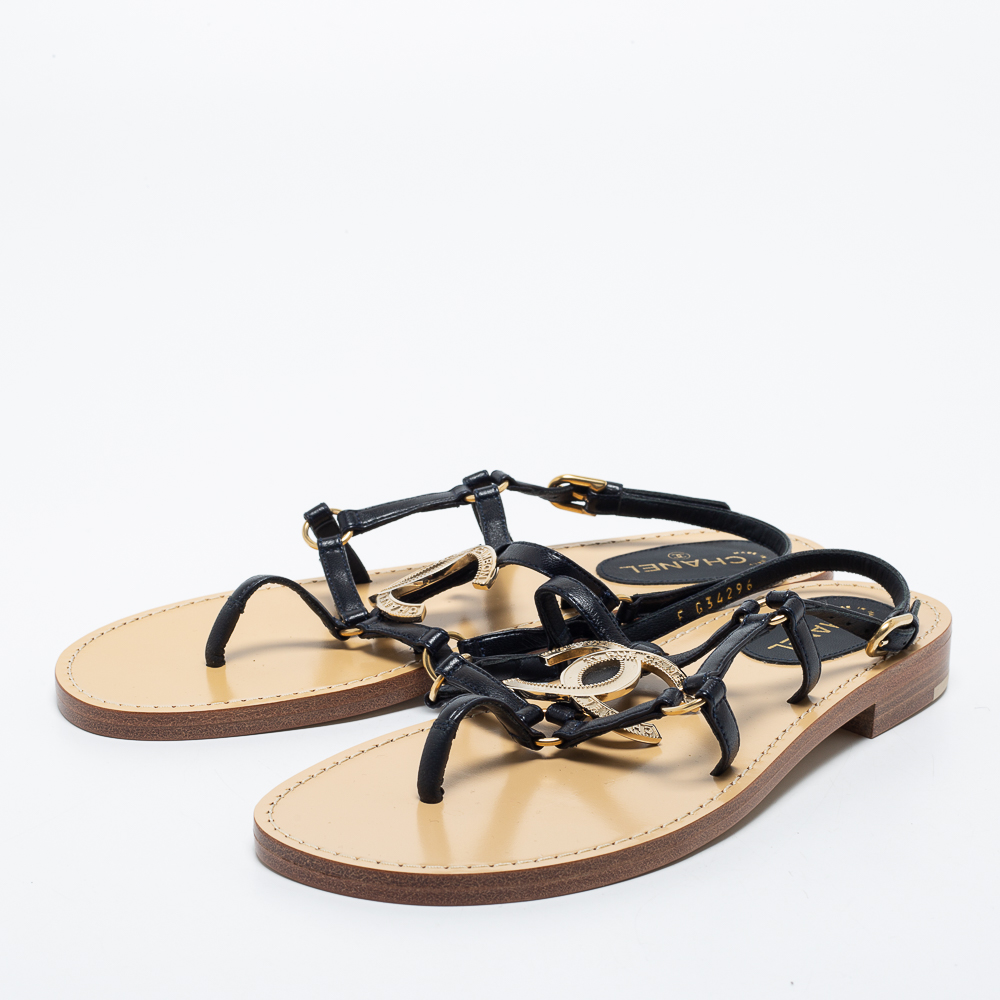 

Chanel Black Leather Wide CC Caged Ankle Strap Flat Sandals Size