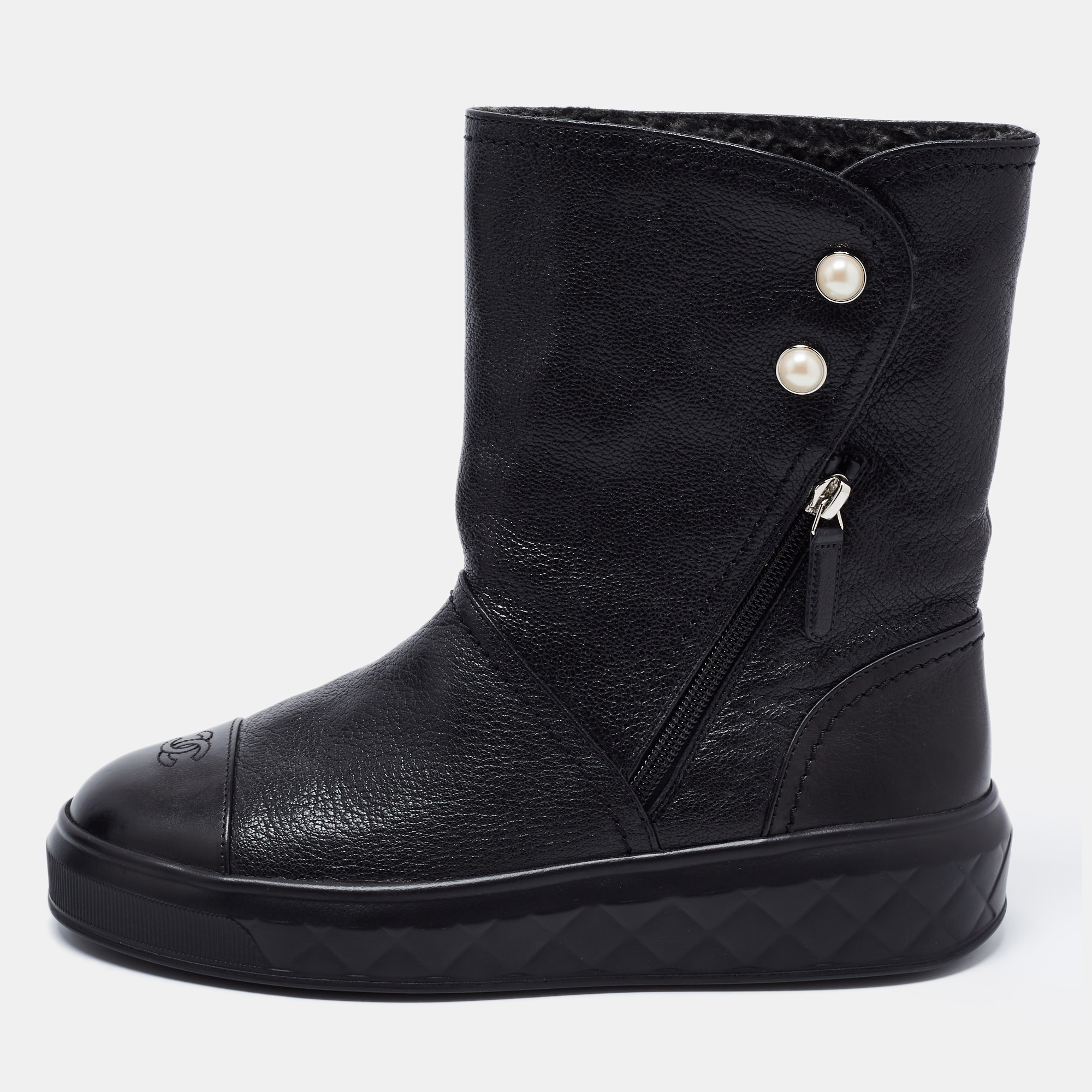 Chanel Black Leather CC Sneaker Boots Size 38.5