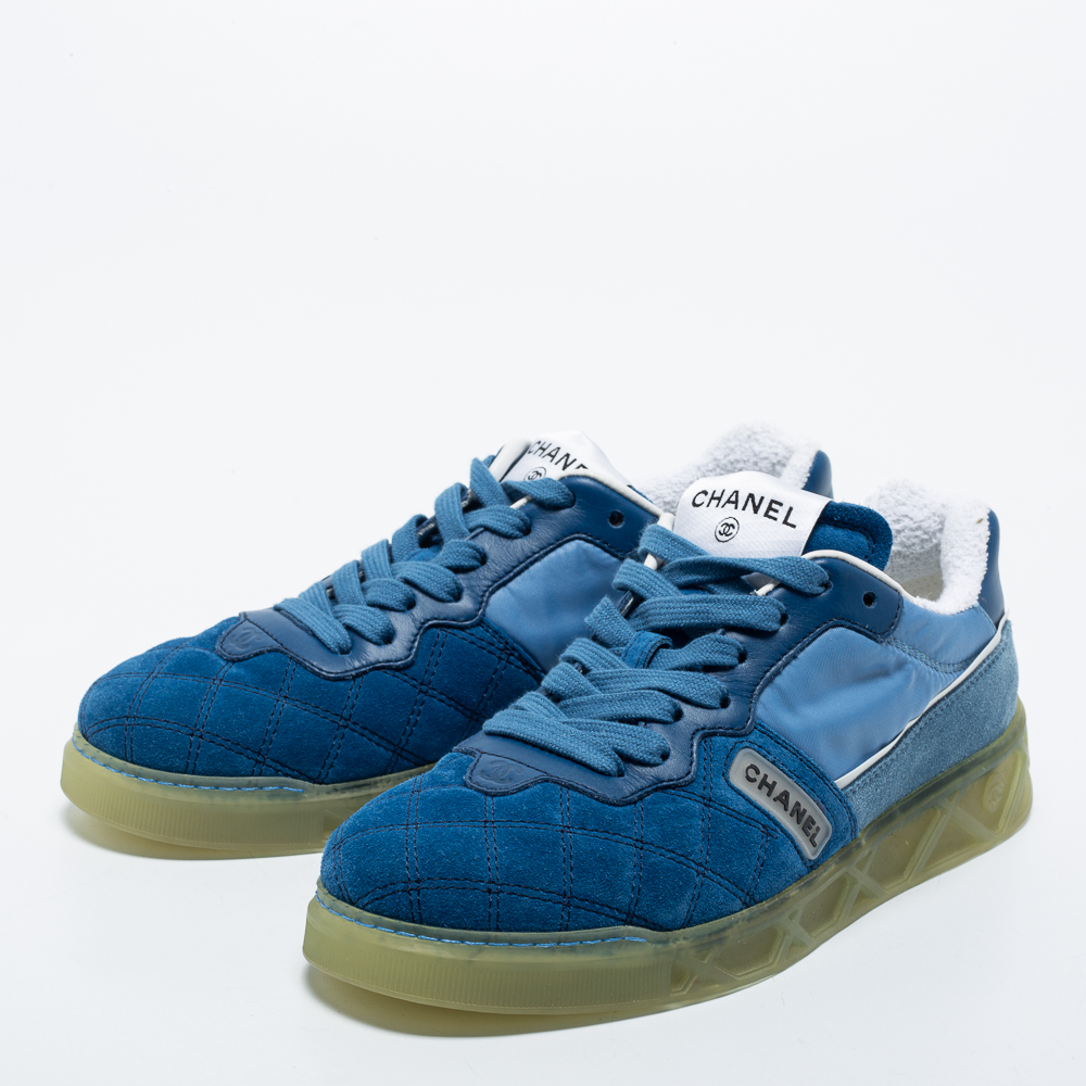 

Chanel Blue Quilted Suede, Leather and Nylon Low Top Sneakers Size