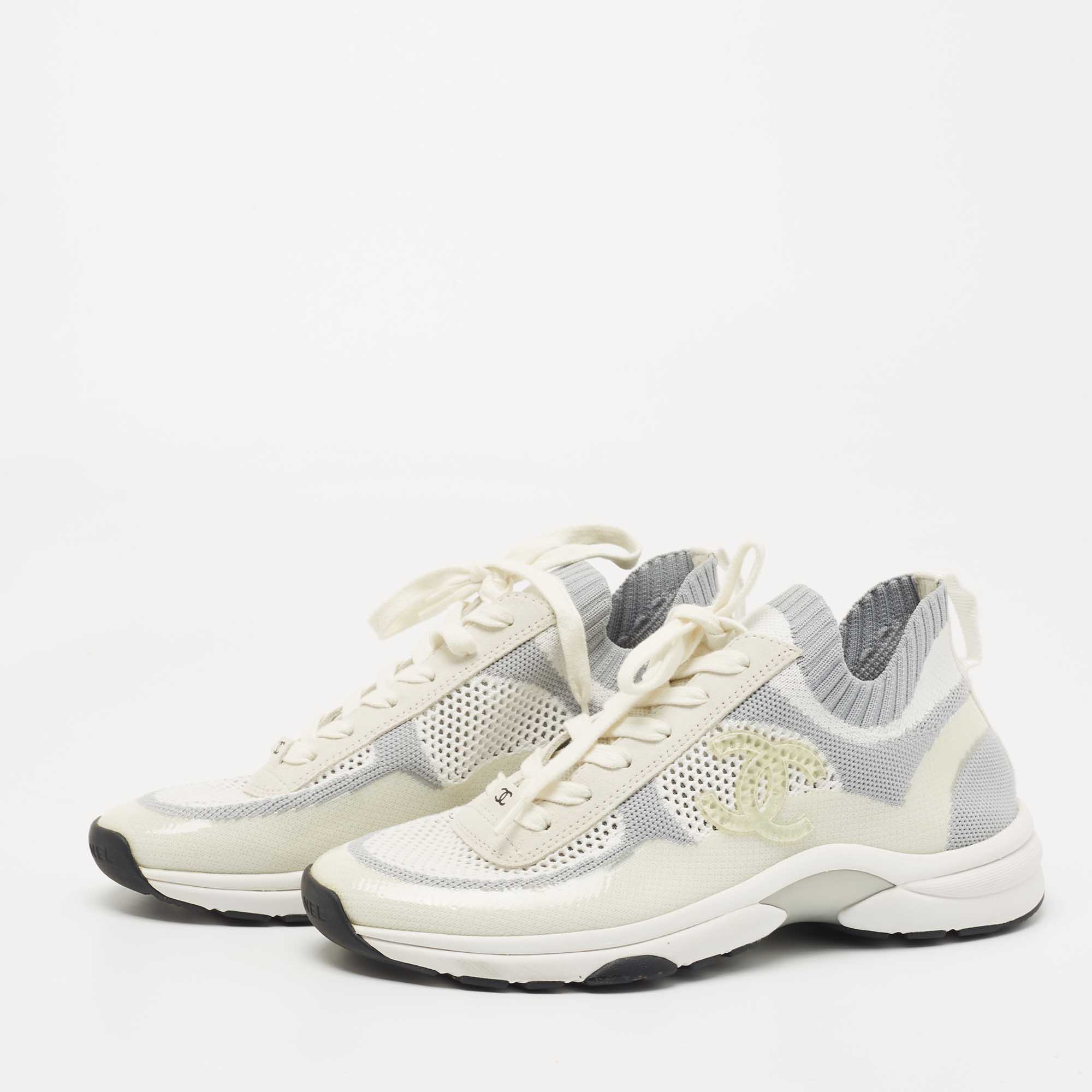 

Chanel Grey/White Knit Fabric CC Sneakers Size