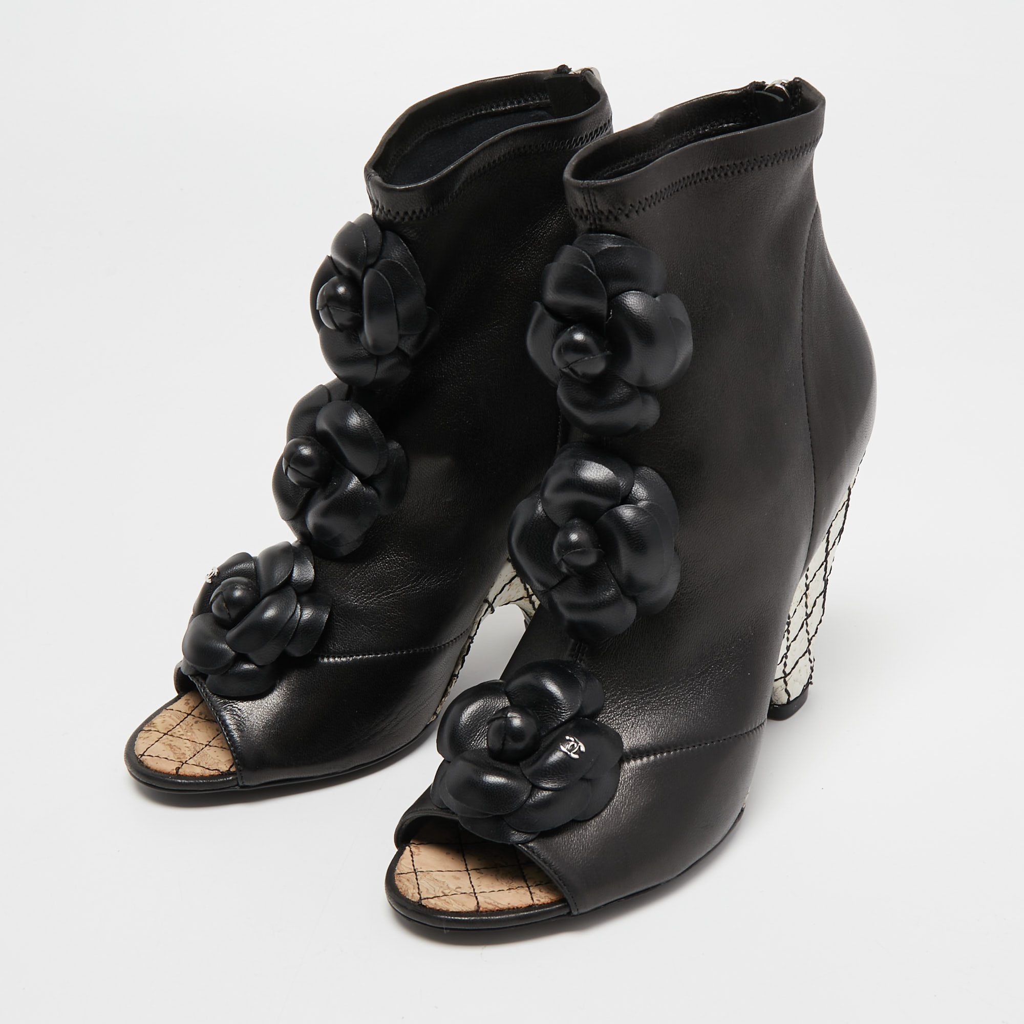 

Chanel Black Leather Camellia Ankle Boots Size