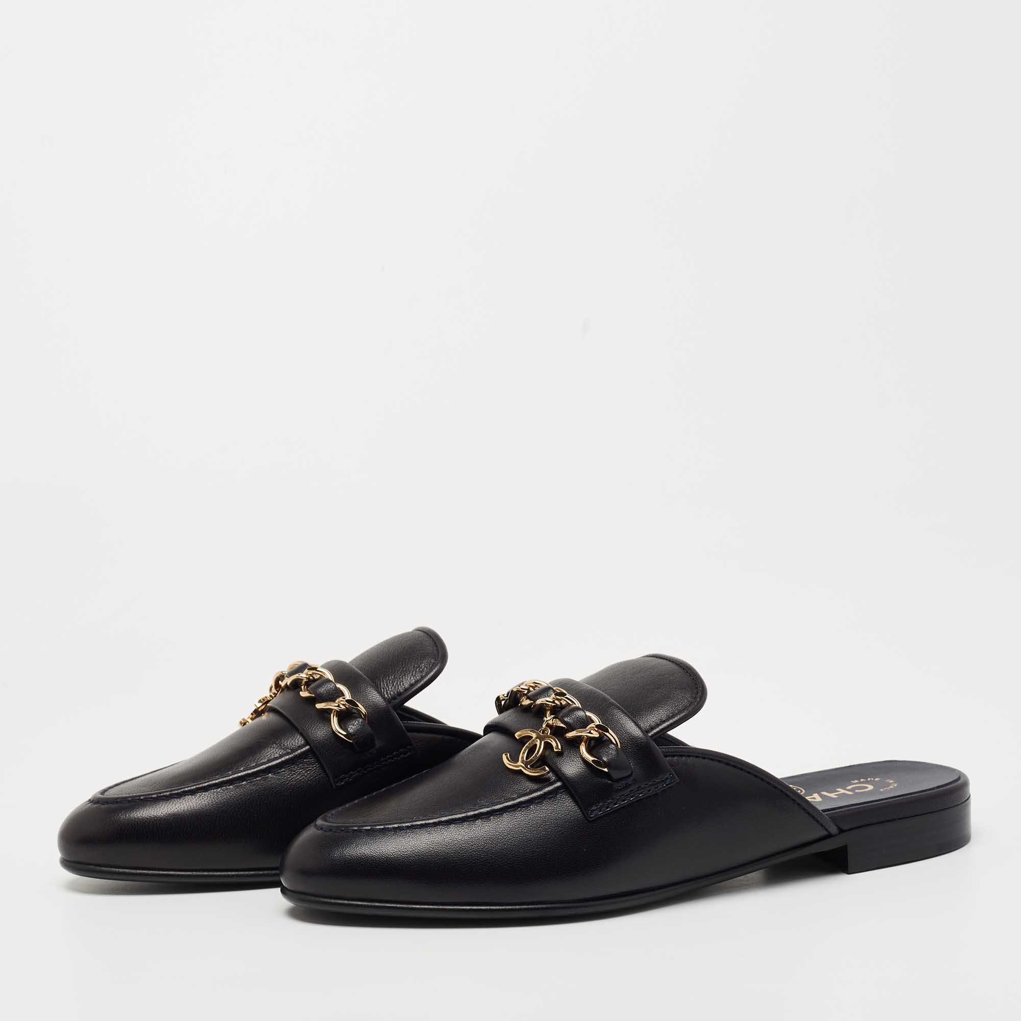 

Chanel Black Leather CC Chain Flat Mules Size