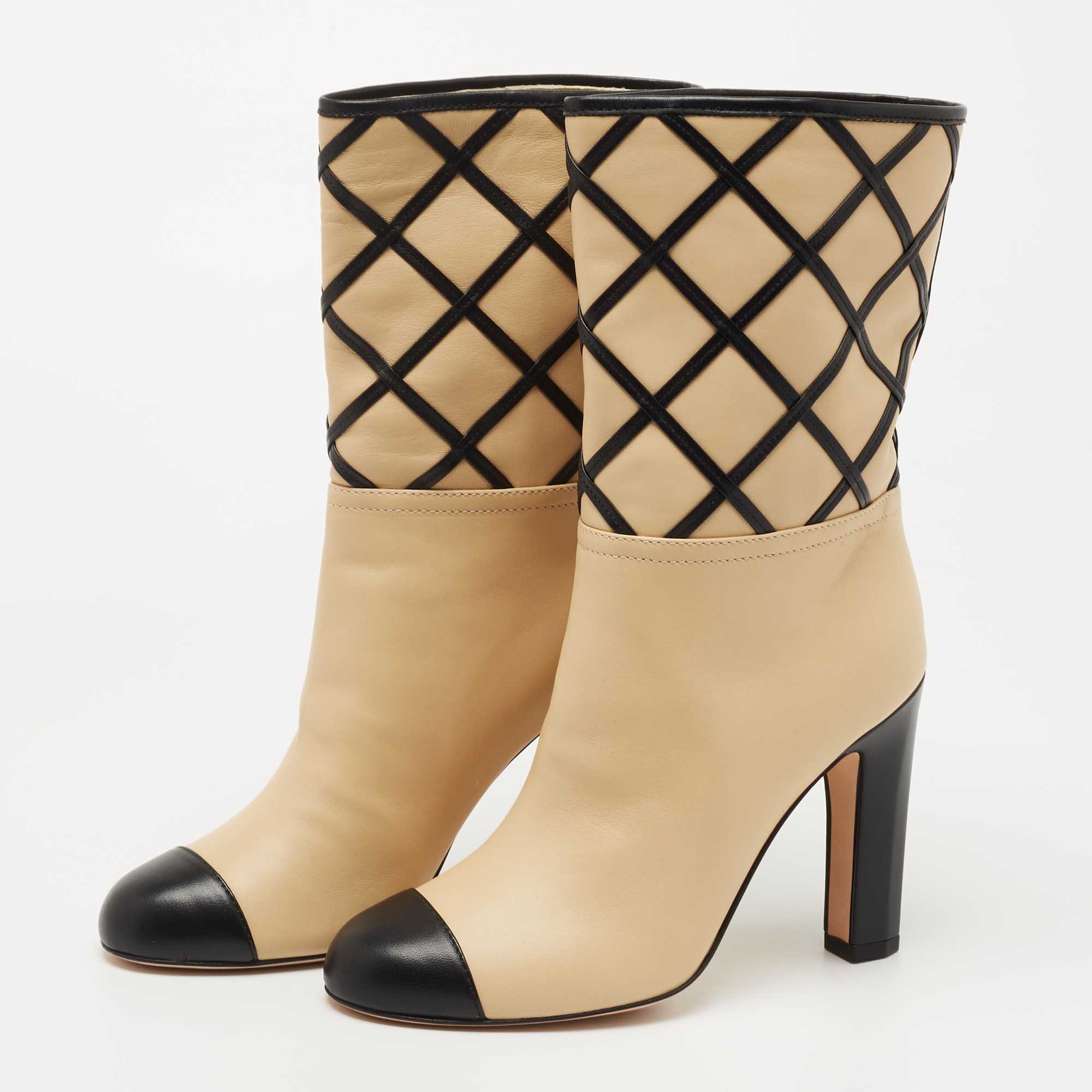 

Chanel Beige/Black Interlocking Leather Cap Toe Mid Calf Boots Size