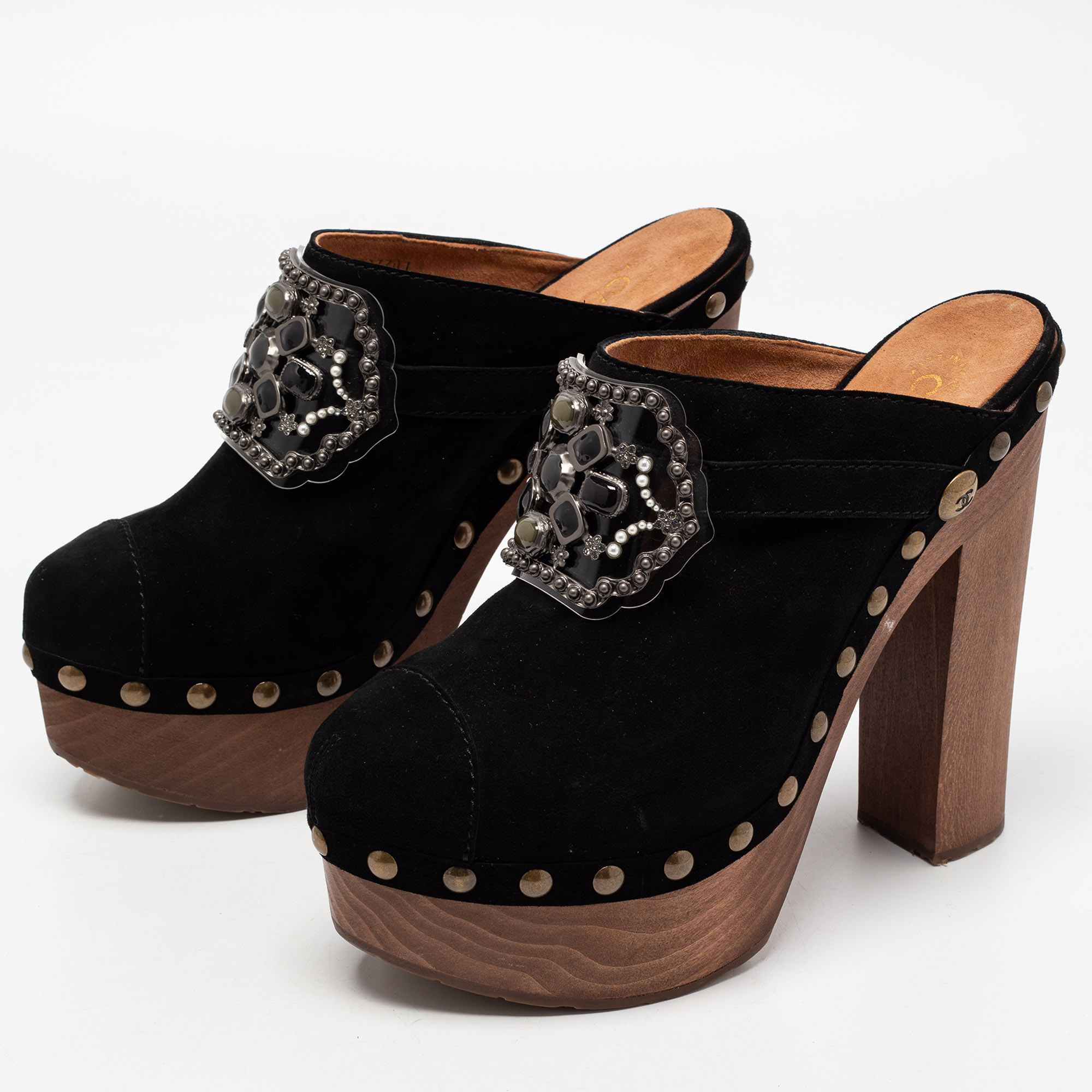 

Chanel Black Suede Embellished Wooden Clogs Size