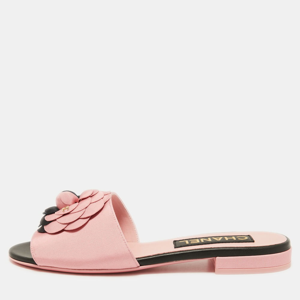 Chanel Pink/Navy Blue Canvas CC Camelia Flat Slides Size 37