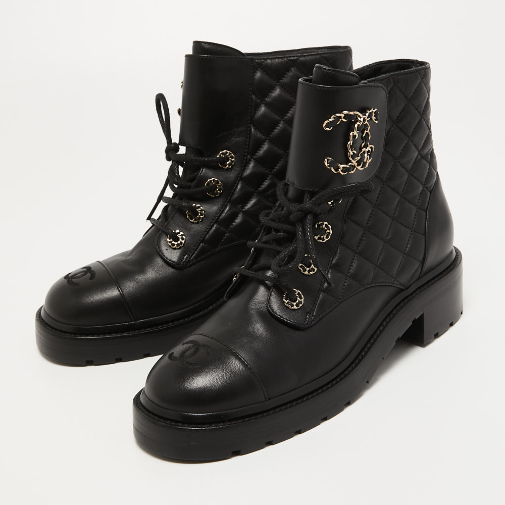 

Chanel Black Leather Interlocking CC Logo Combat Boots Size