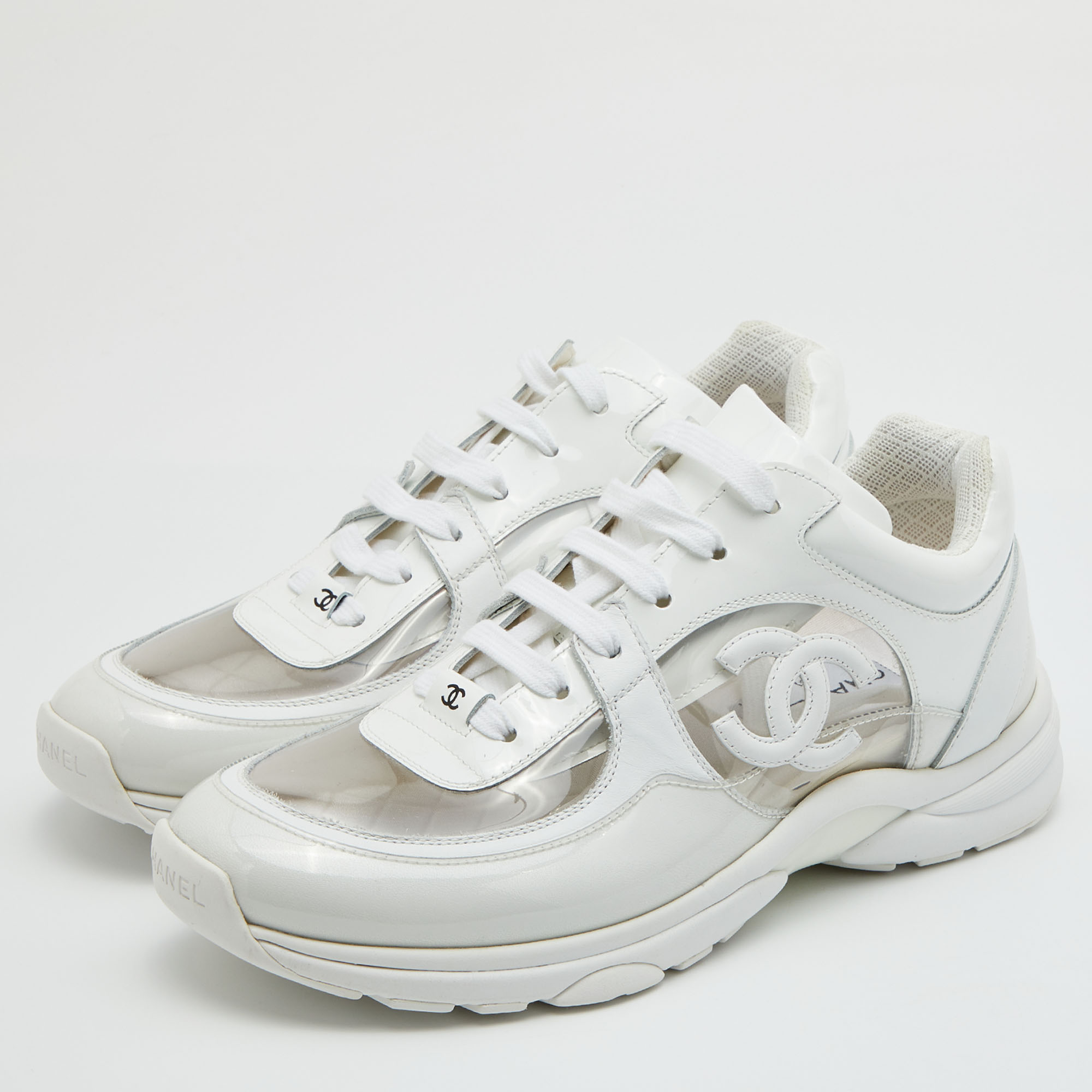 

Chanel White PVC and Patent Leather CC Low Top Sneakers Size