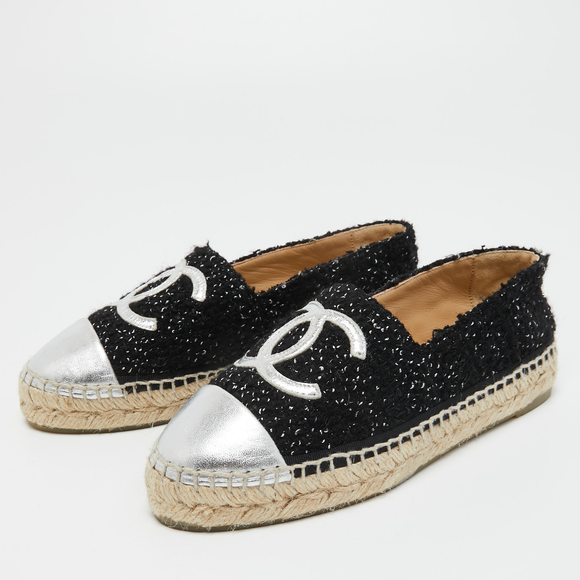 

Chanel Black/Silver Tweed and Leather CC Espadrille Flats Size