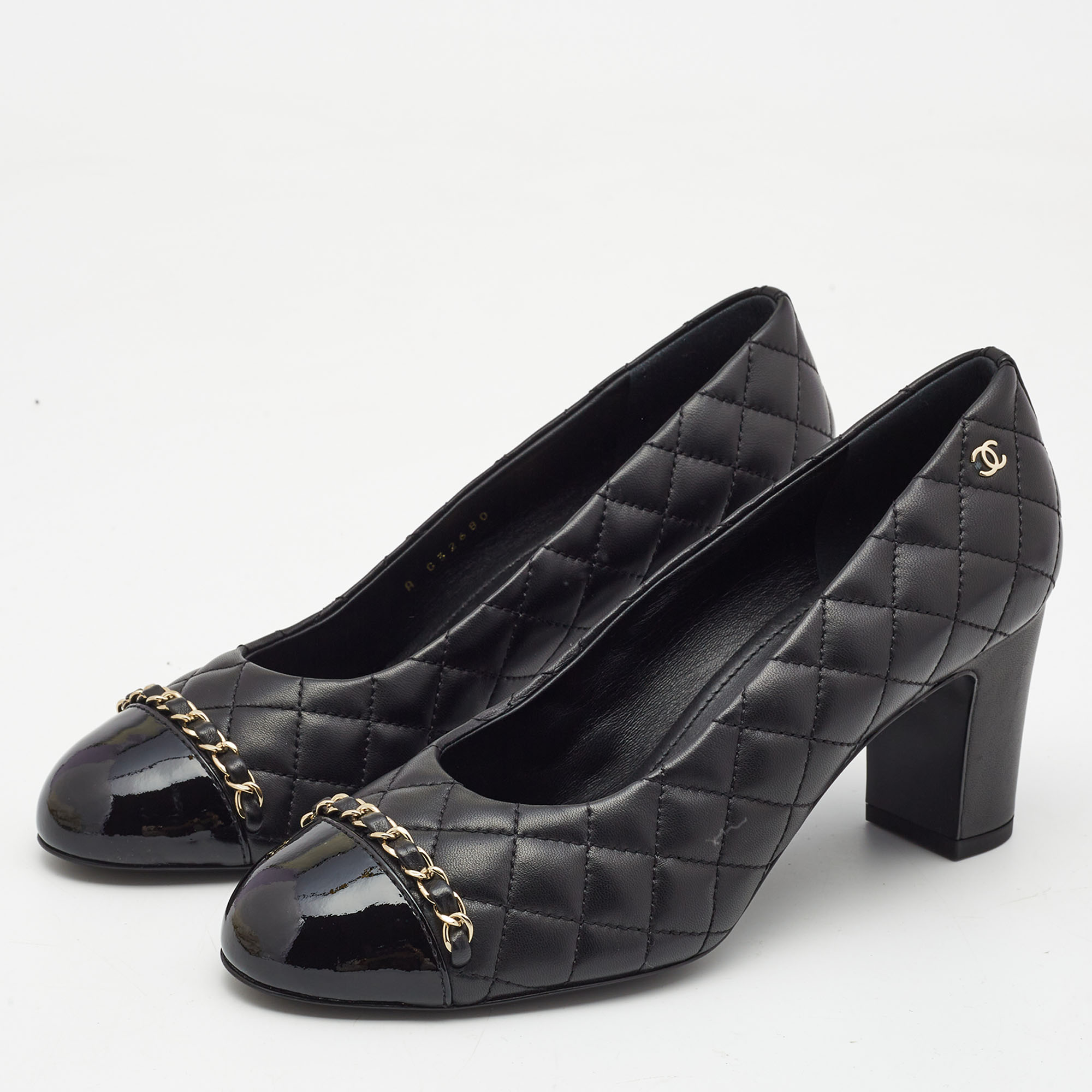 

Chanel Black Quilted Leather and Patent Cap Toe Chain CC Pumps Size