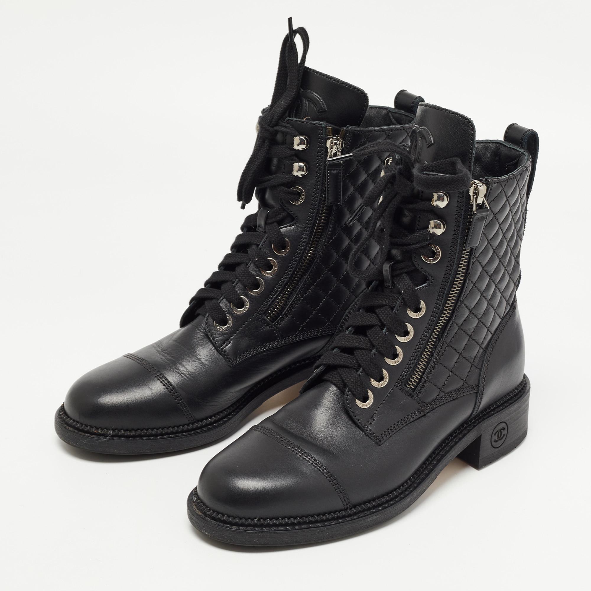 

Chanel Black Leather Interlocking CC Logo Combat Boots Size