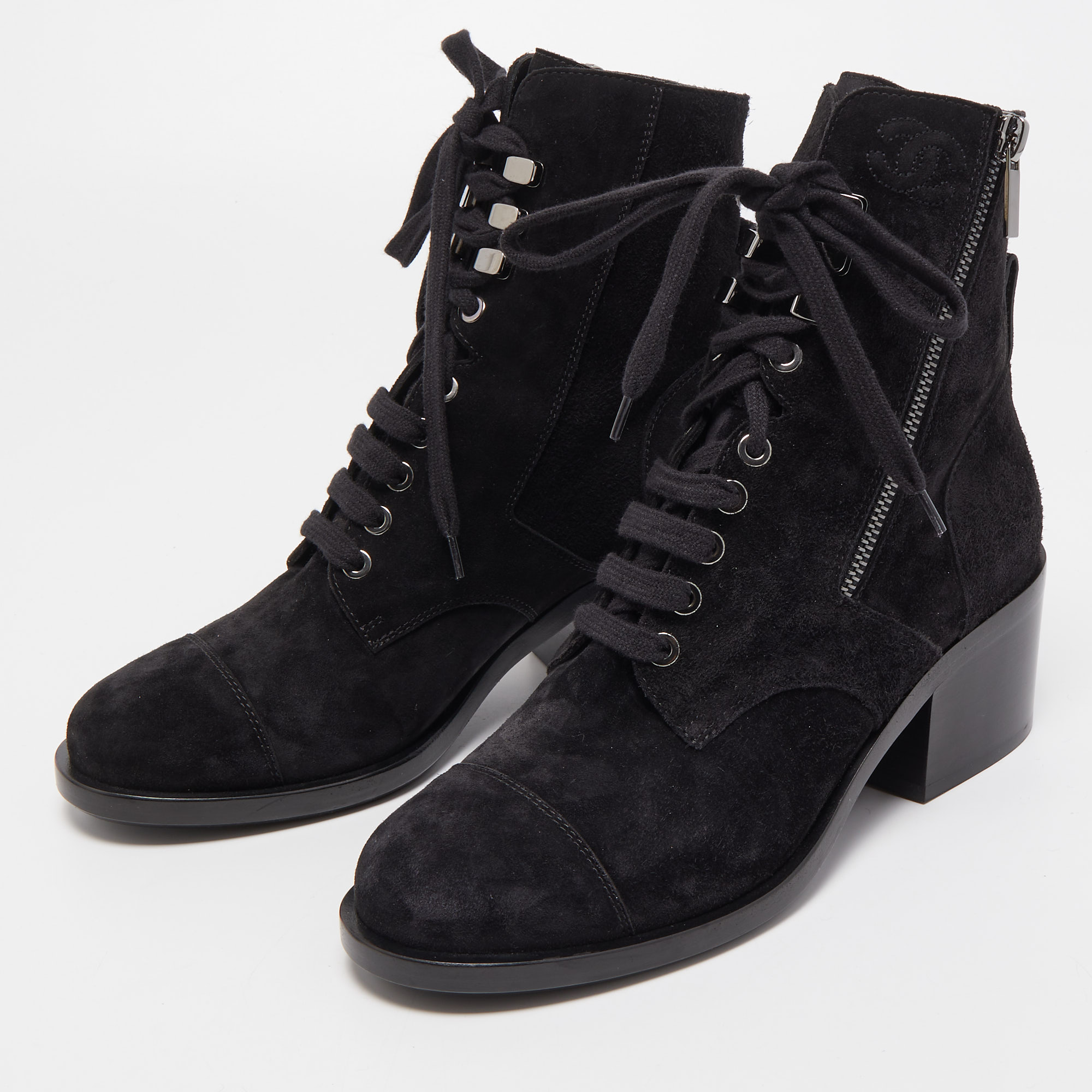 

Chanel Black Suede Lace Up Ankle Boots Size