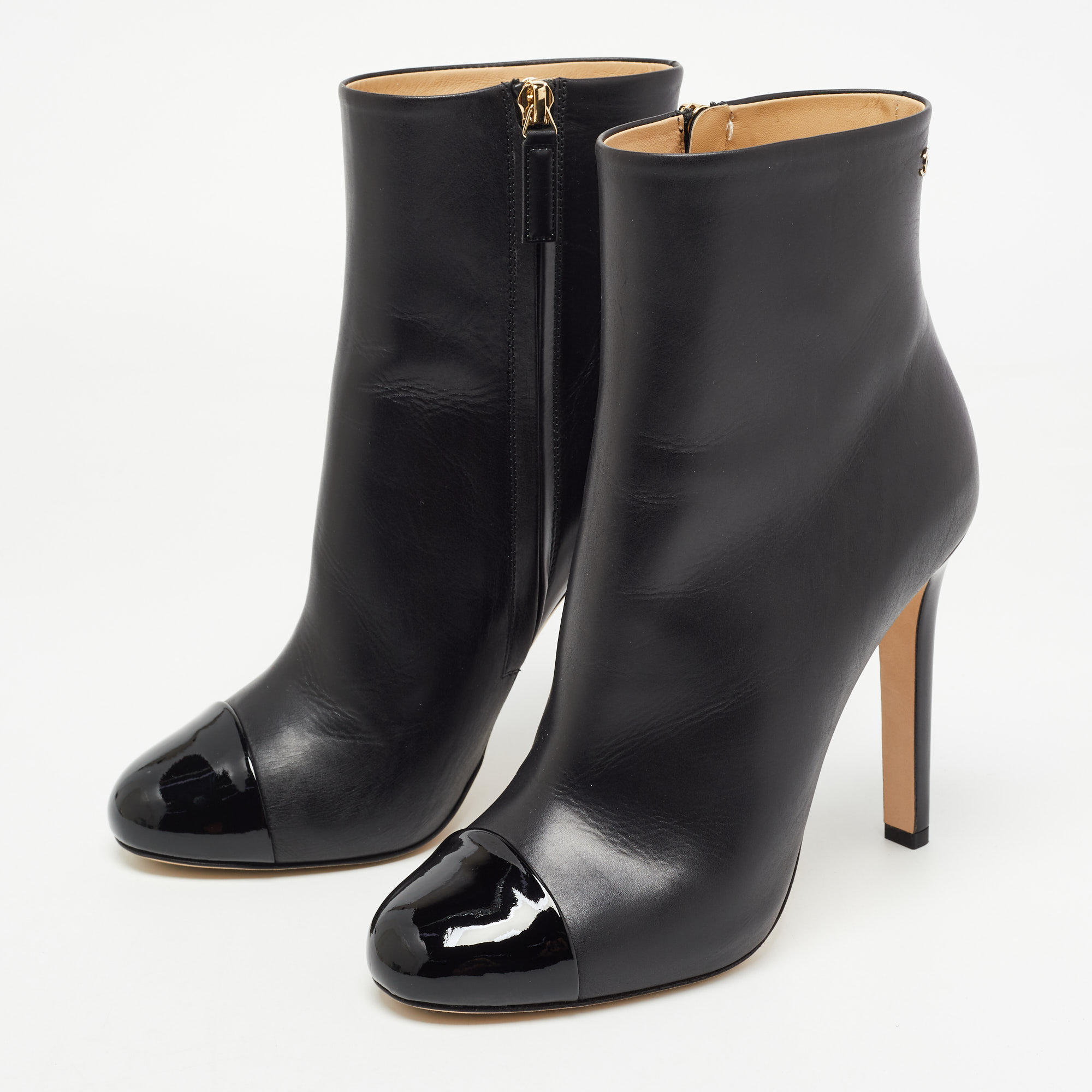 

Chanel Black Leather CC Cap Toe Ankle Boots Size