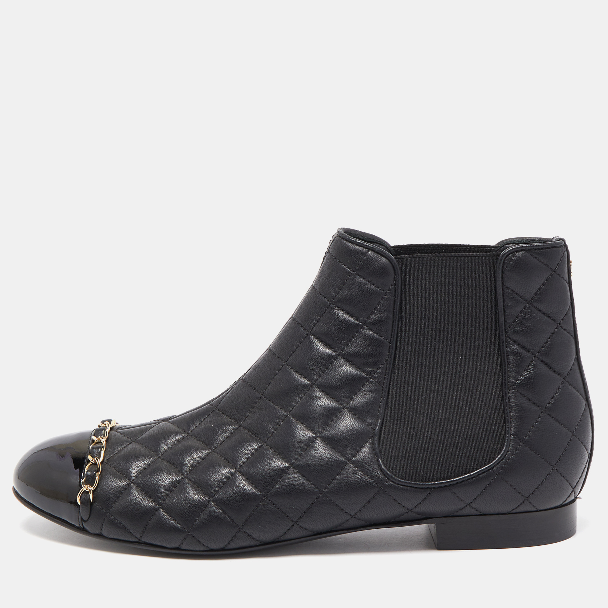 Chanel Black Quilted Leather and Patent Cap Toe Chain Detail Ankle Boots Size 39.5