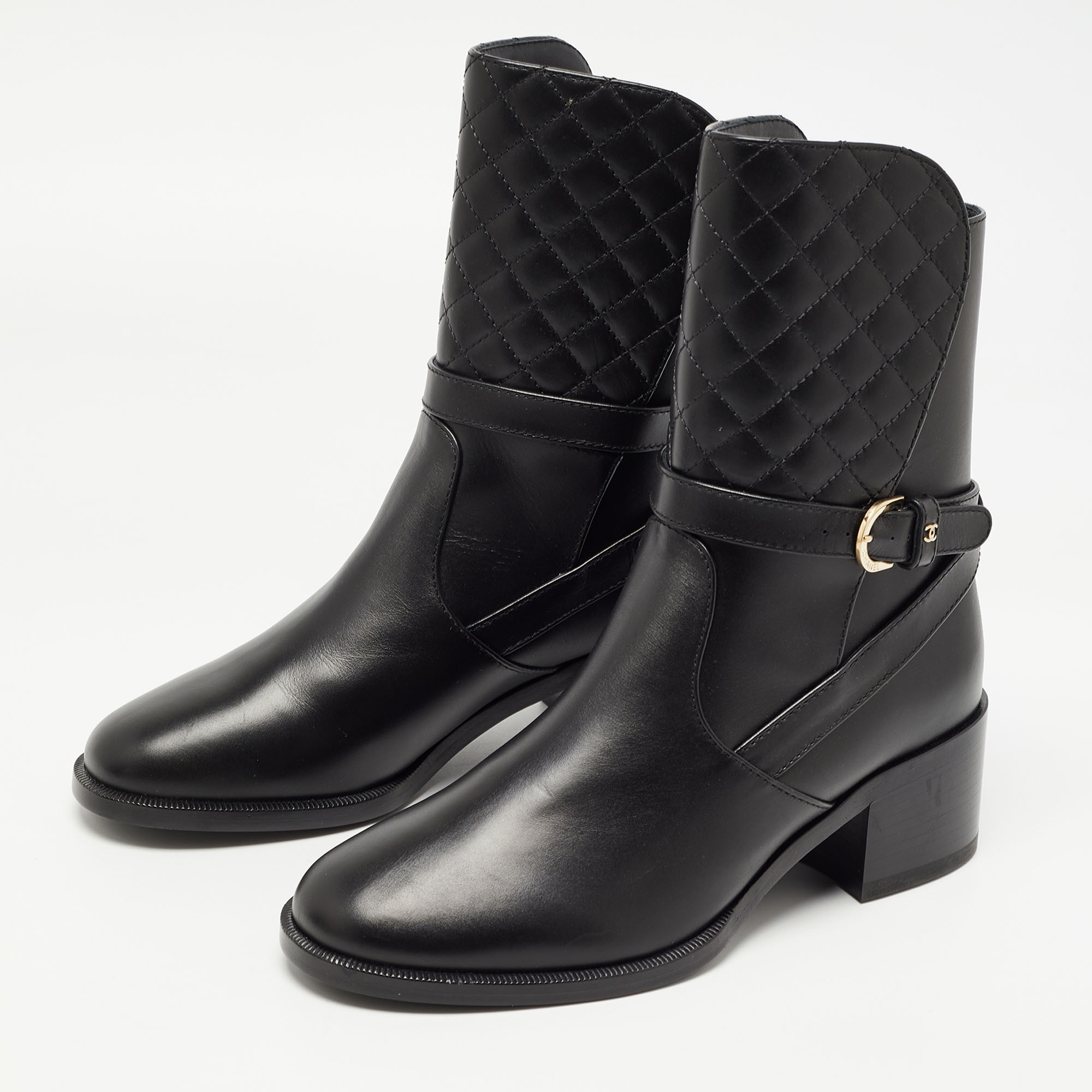 

Chanel Black Quilted and Leather CC Ankle Boots Size