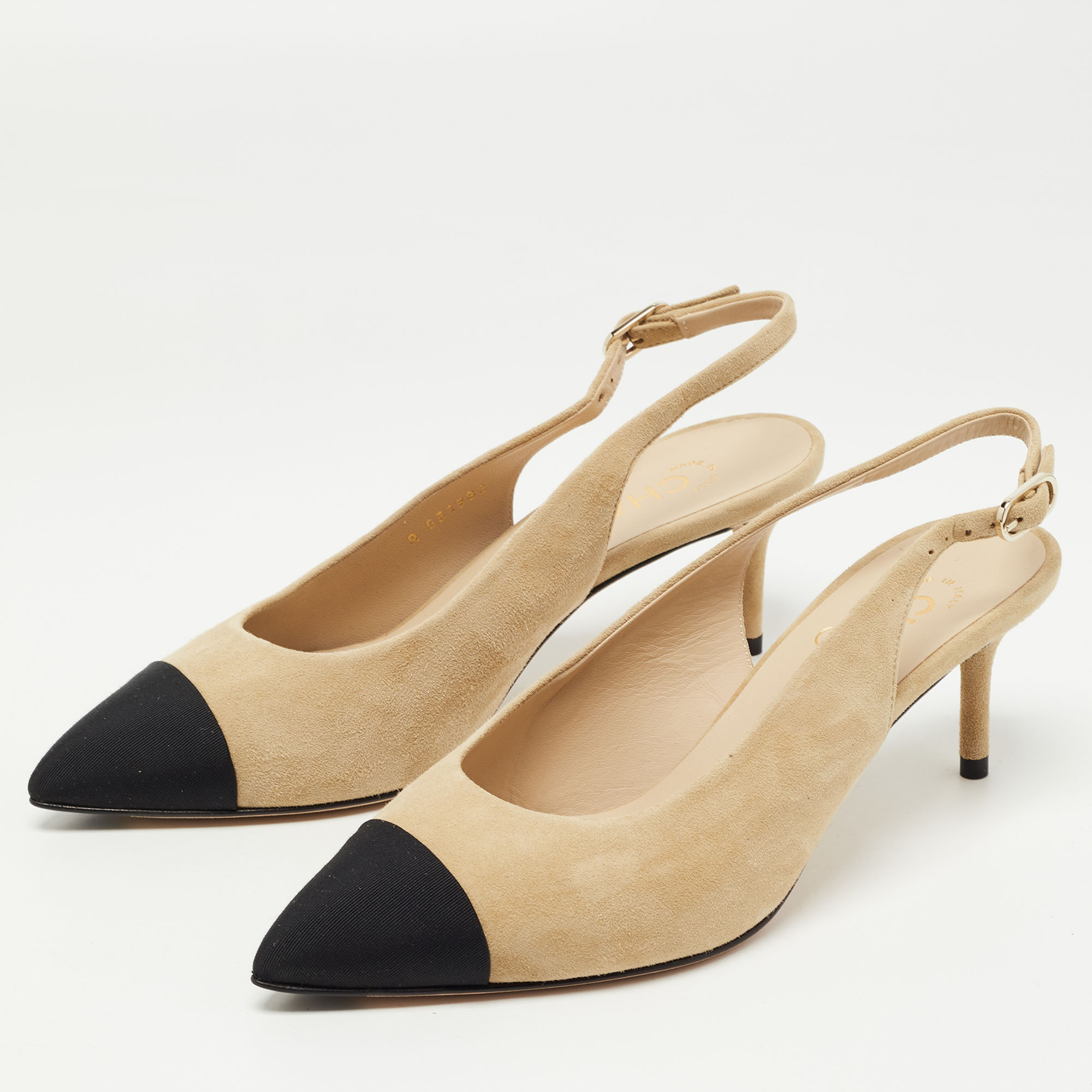 

Chanel Beige/Black Suede and Canvas CC Slingback Pumps Size