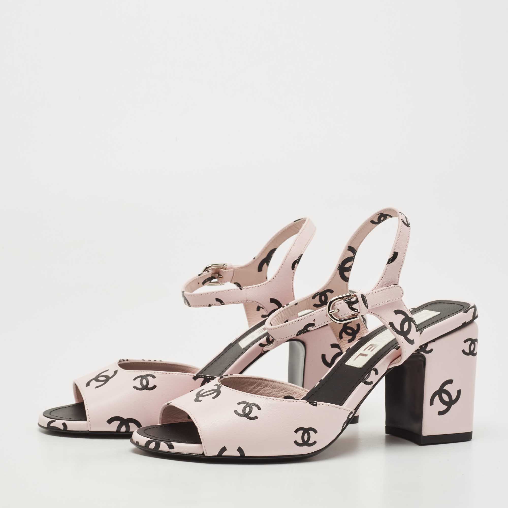 

Chanel Pink/Black CC Print Leather Ankle Strap Sandals Size
