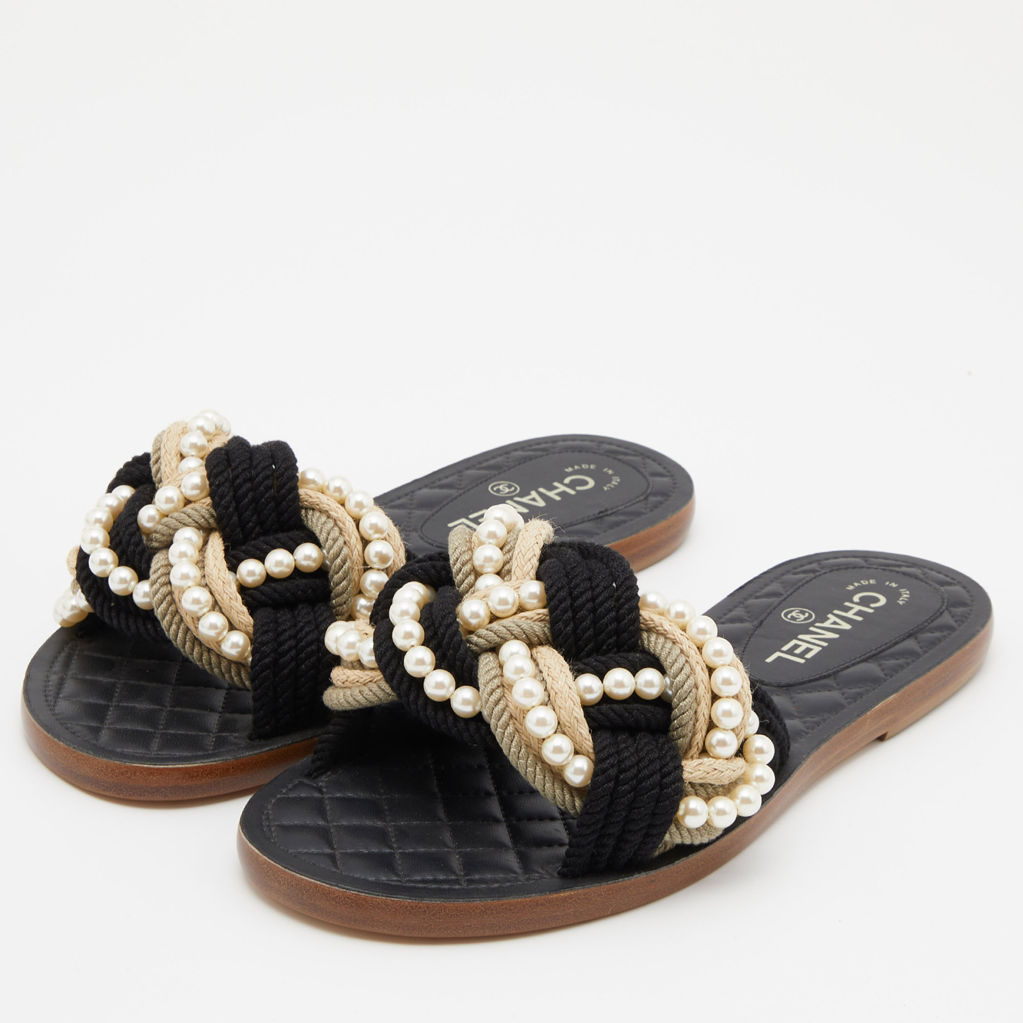 

Chanel Multicolor Jute and Cotton Blend Pearl Flat Slides Size