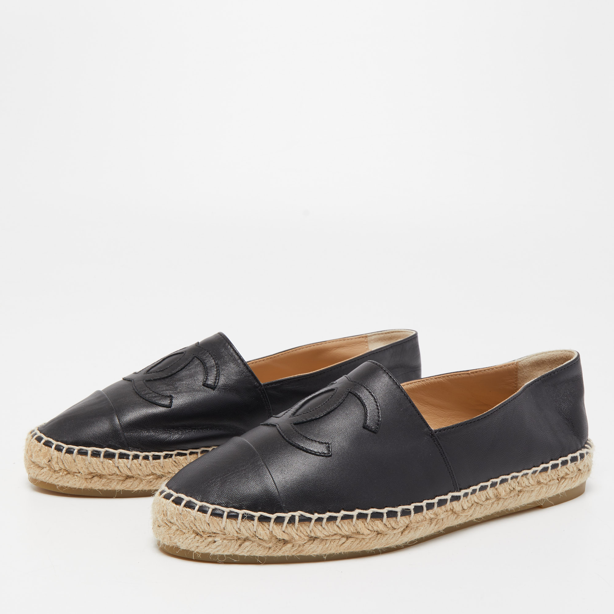 

Chanel Black Leather CC Espadrille Flats Size