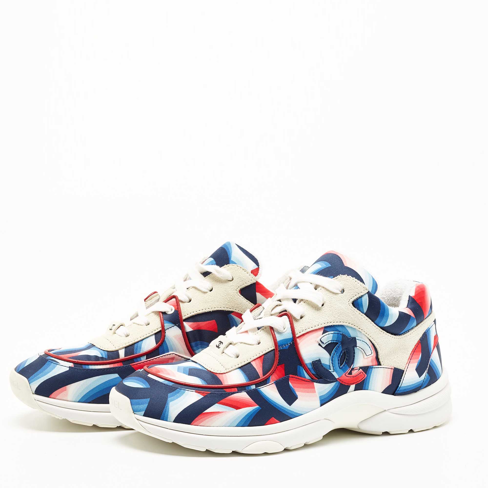 

Chanel White/Blue Suede and Printed Satin CC Low Top Sneakers Size
