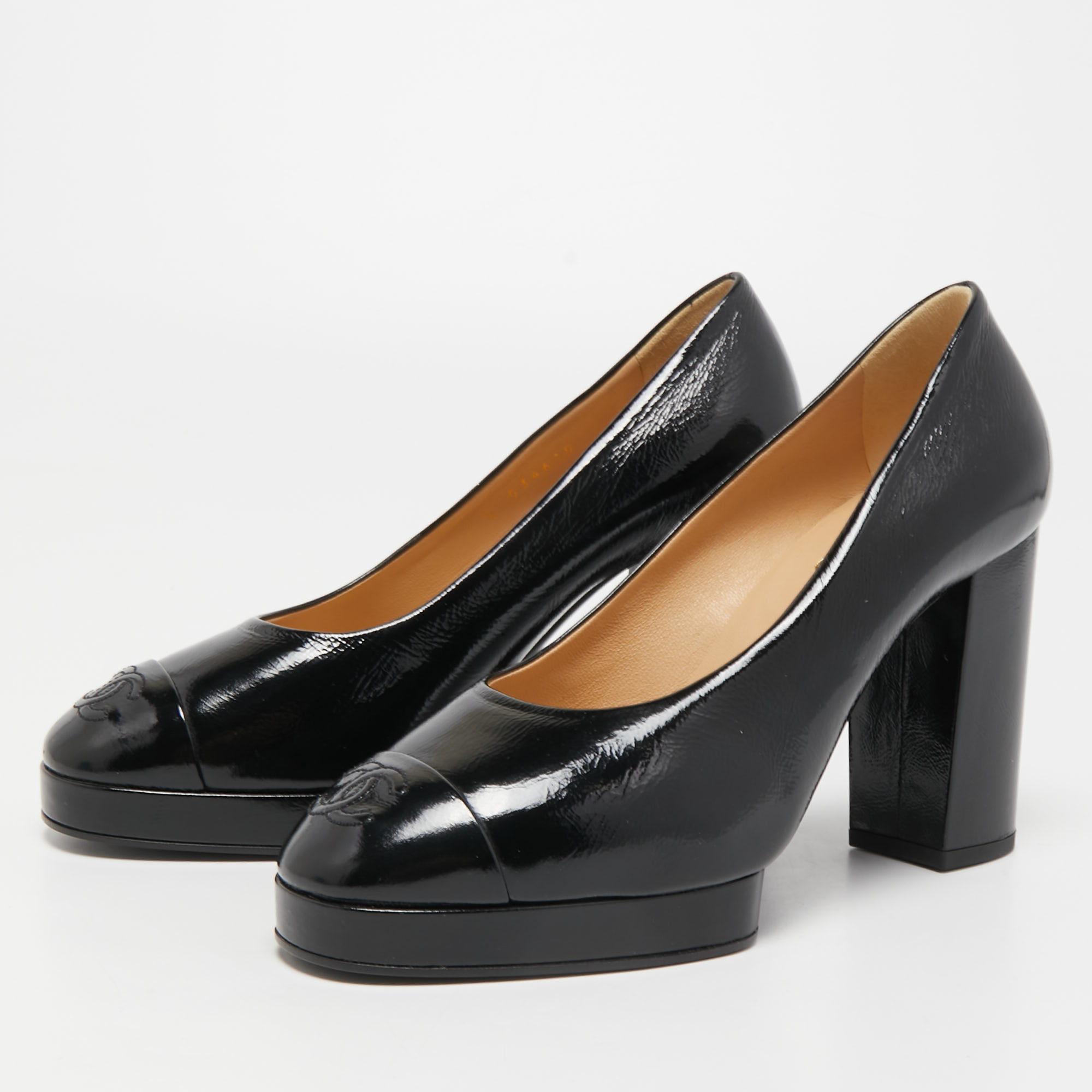

Chanel Black Patent Leather CC Cap Toe Block Heel Pumps Size