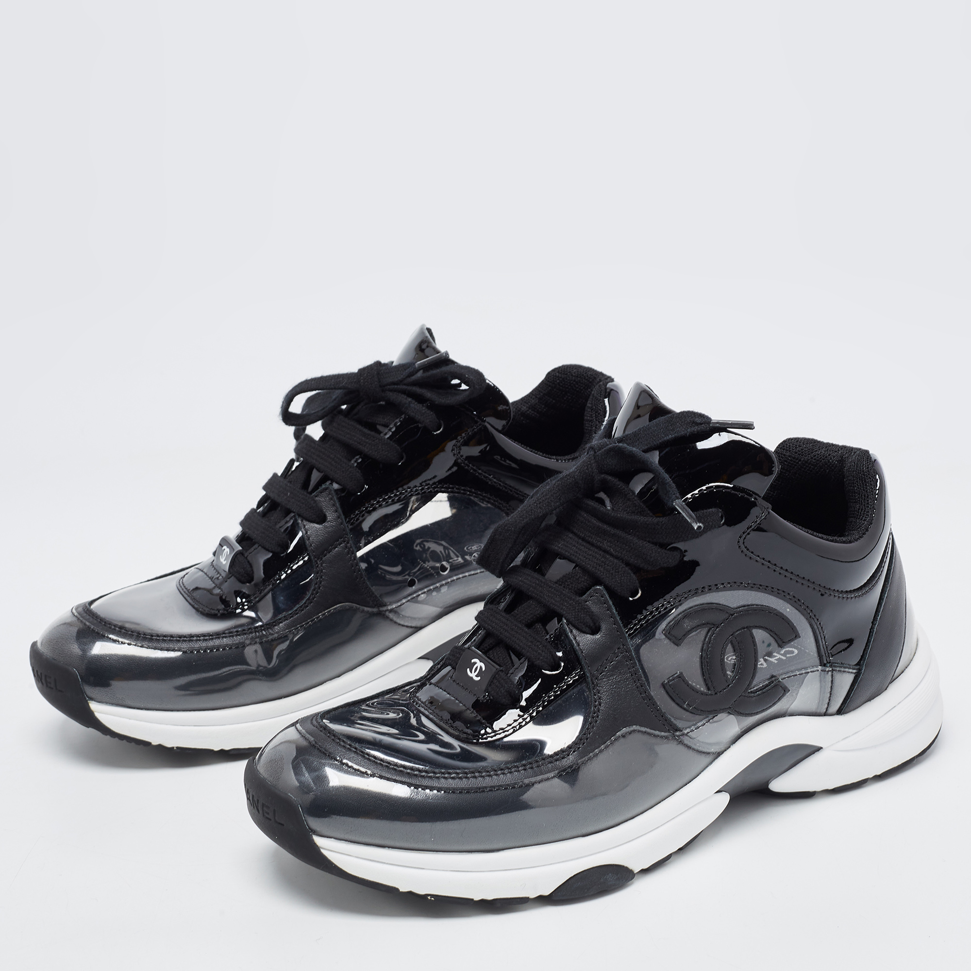 

Chanel Black Patent Leather and PVC CC Low Top Sneakers Size