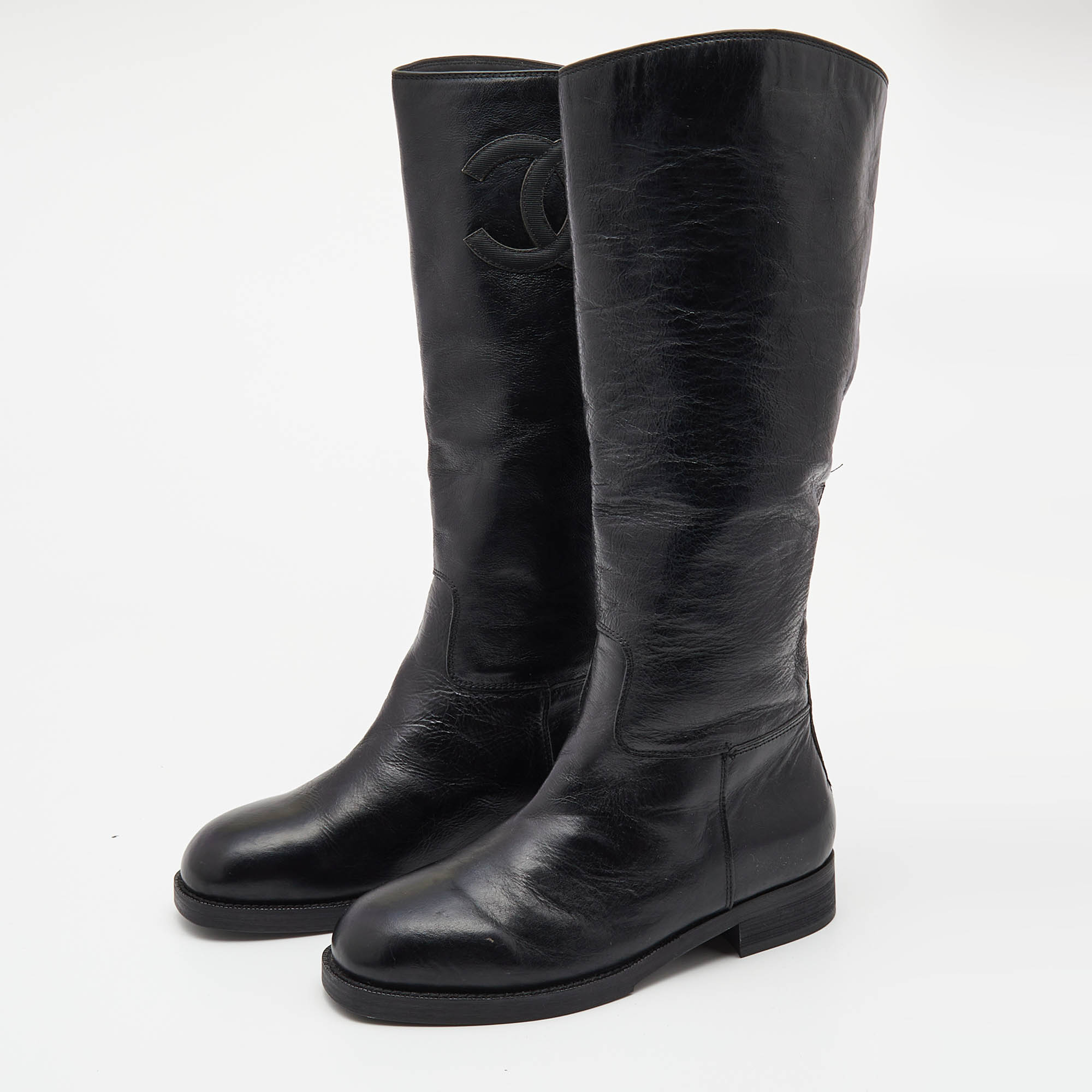 

Chanel Black Leather CC Embossed Calf Boots Size