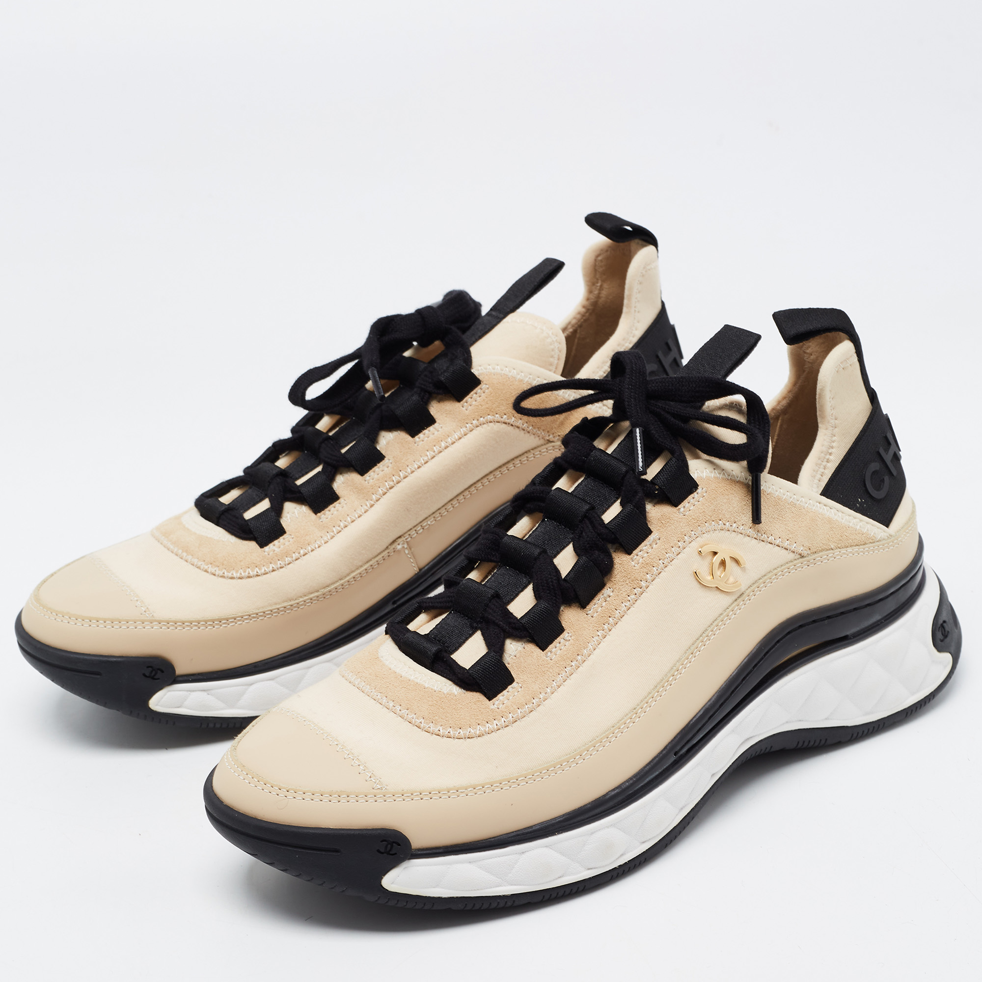 

Chanel Beige Satin and Suede Calfskin Mixed Fibers CC Sneakers Size