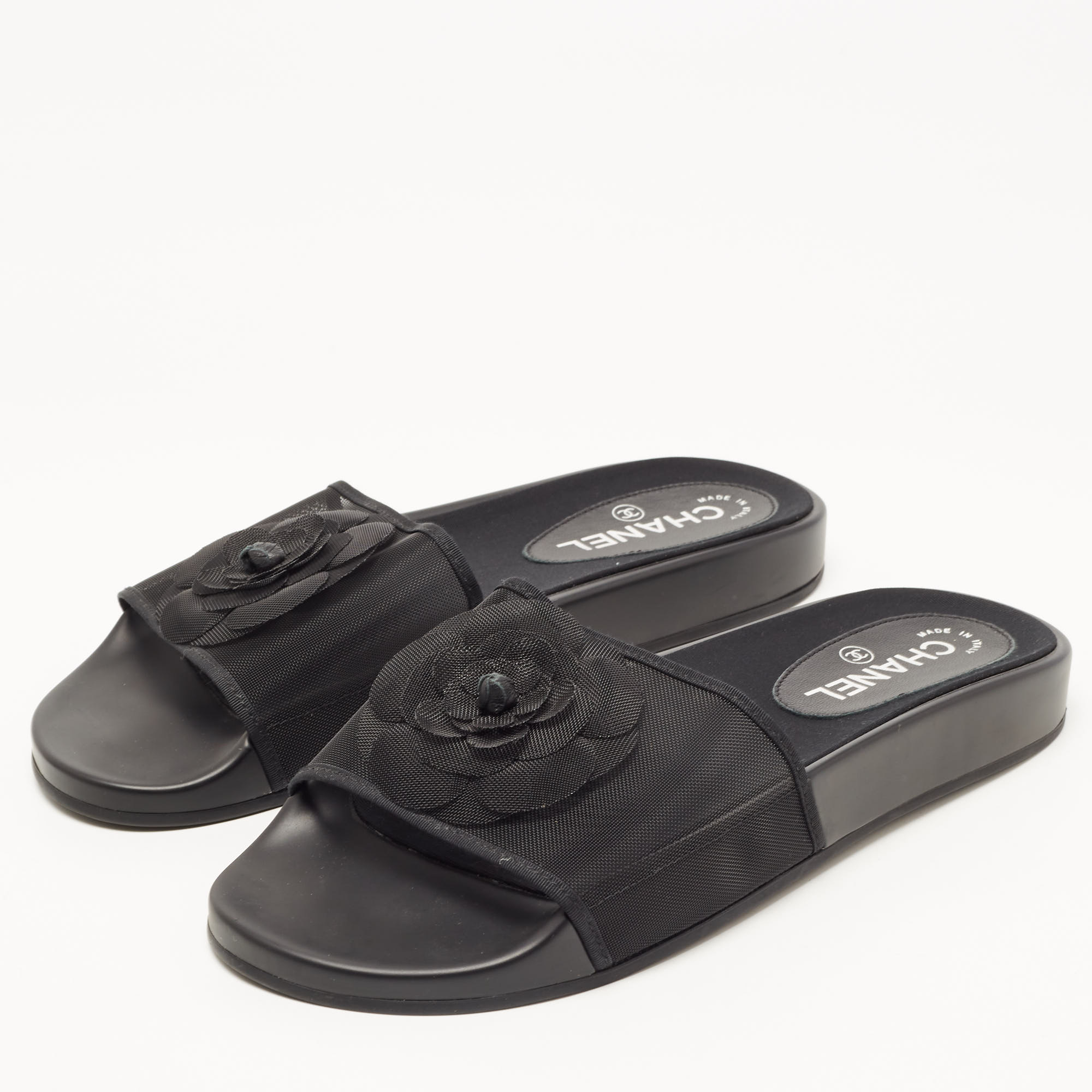 

Chanel Black Mesh Camellia Slide Flat Sandals Size