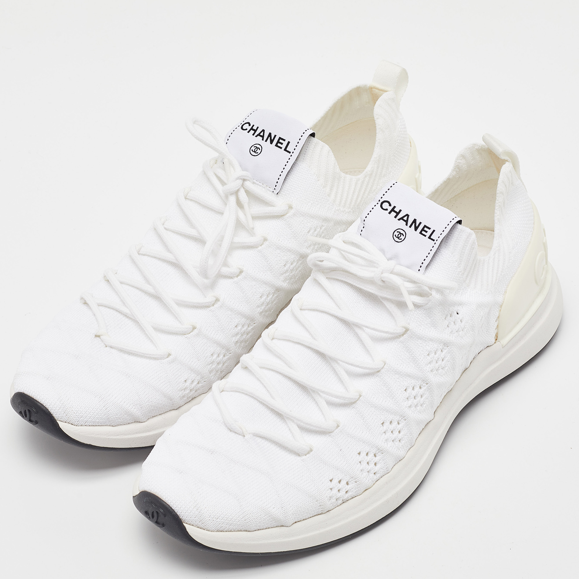 

Chanel White Knit Fabric Lace Up Sneakers Size