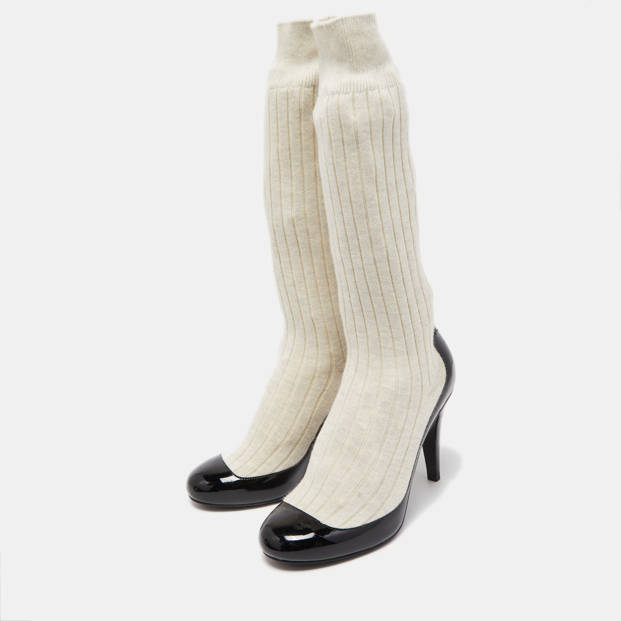 

Chanel Black/Off White Patent Leather And Sock Knee Boots Size