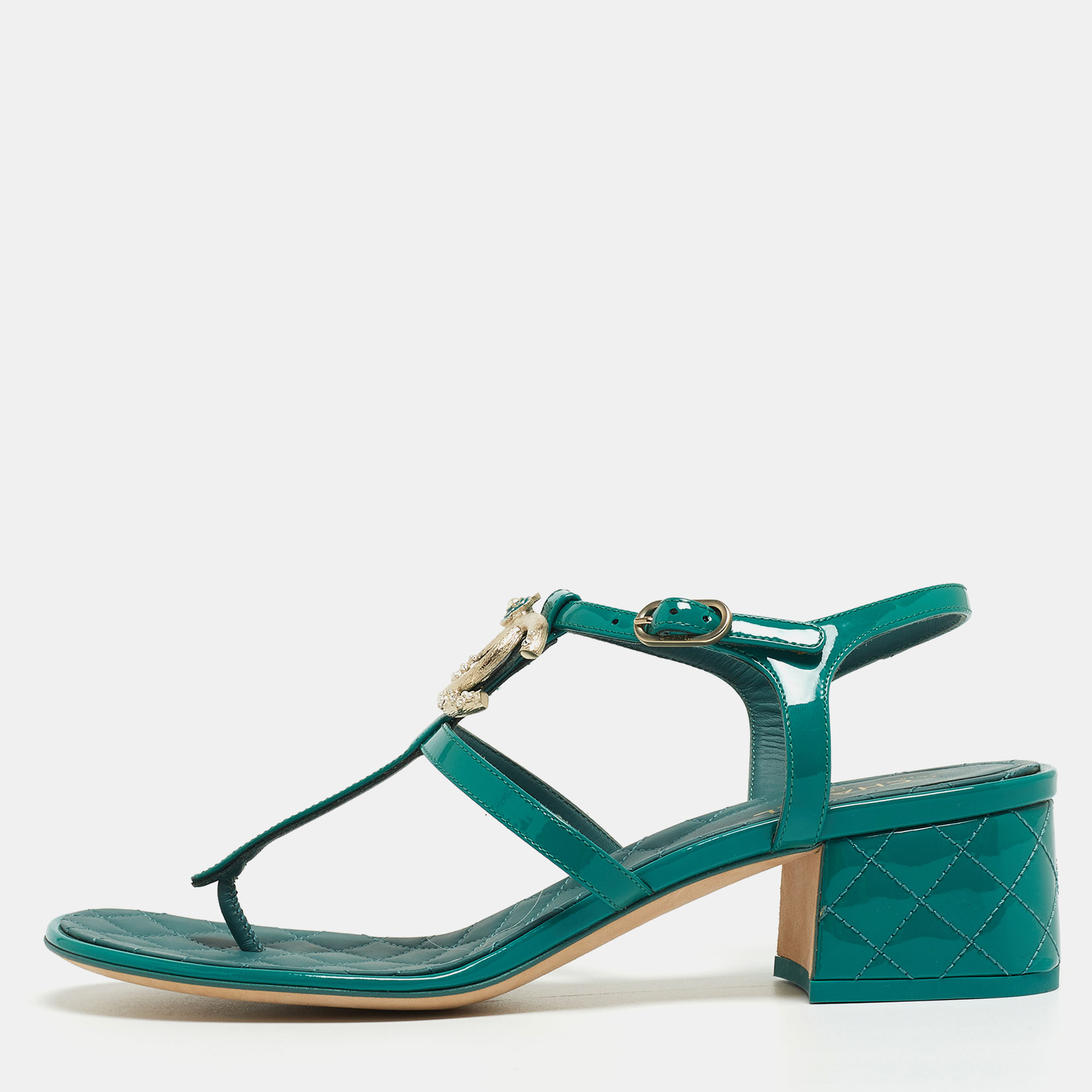 Pre Owned Chanel Green Patent Leather Embellished CC T-Bar Ankle Strap Sandals Size 39.5